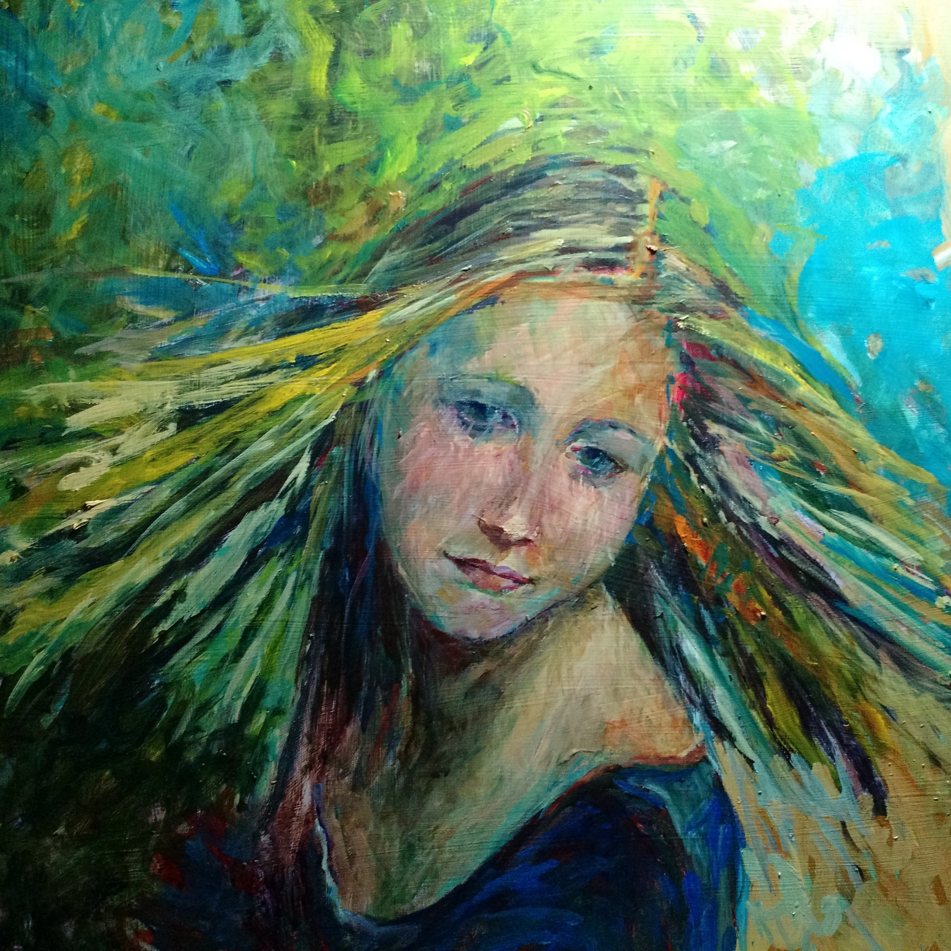 Impressionist painting of a woman with long blonde hair and a serene expression, vibrant colors