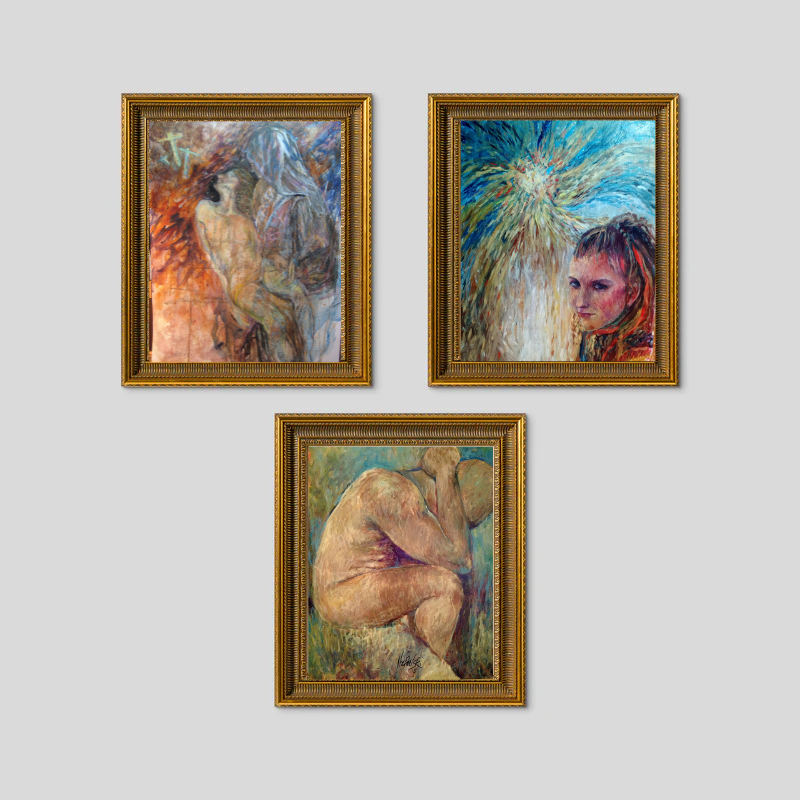 Three framed abstract figurative paintings on a light gray wall