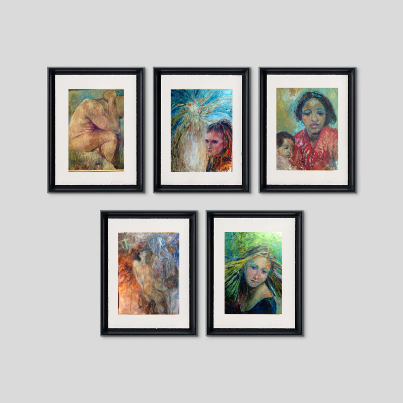 Five framed abstract portraits and figurative art prints arranged on a light gray wall.