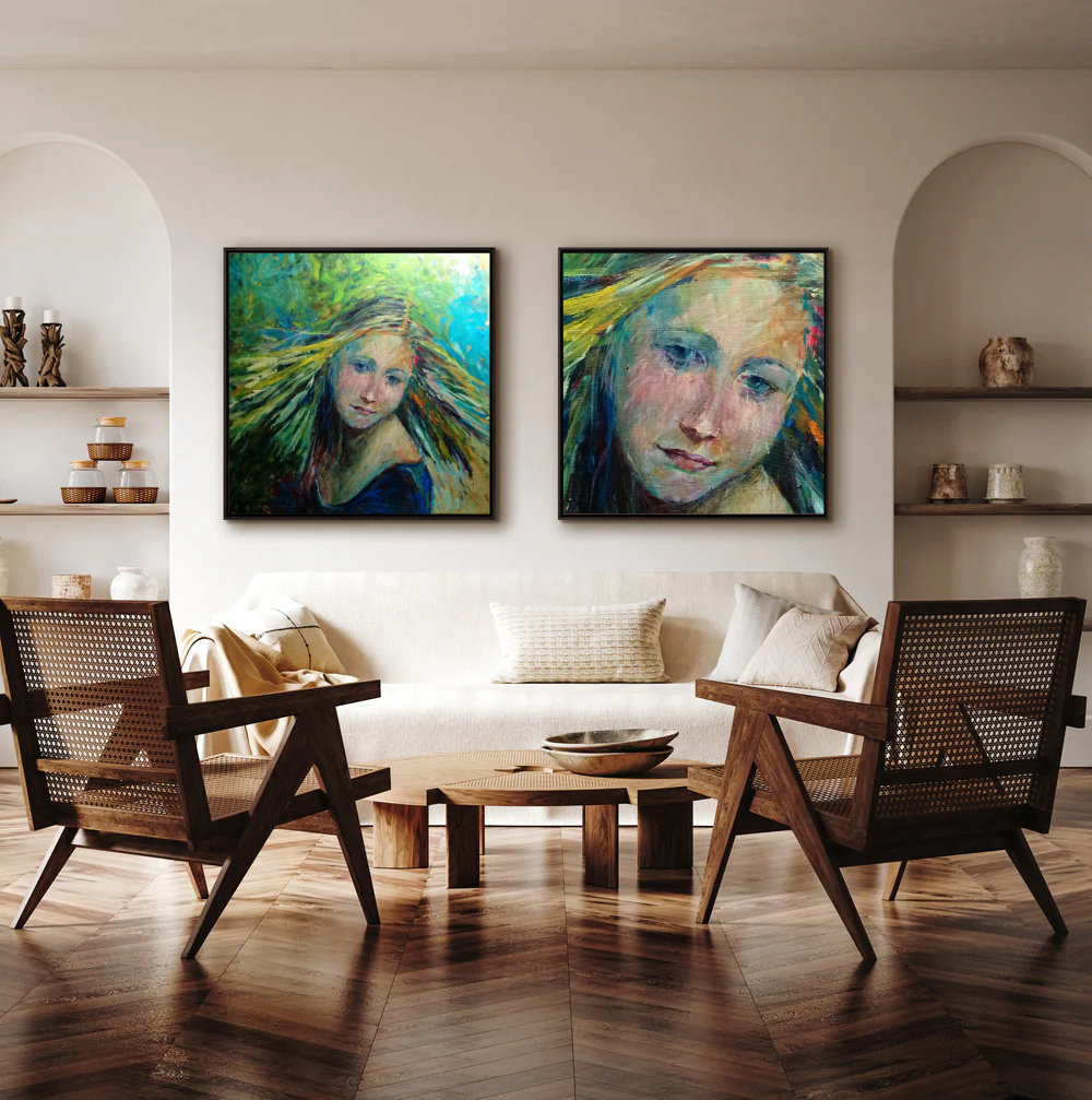 Five framed abstract portraits and figurative art prints arranged on a light gray wall.