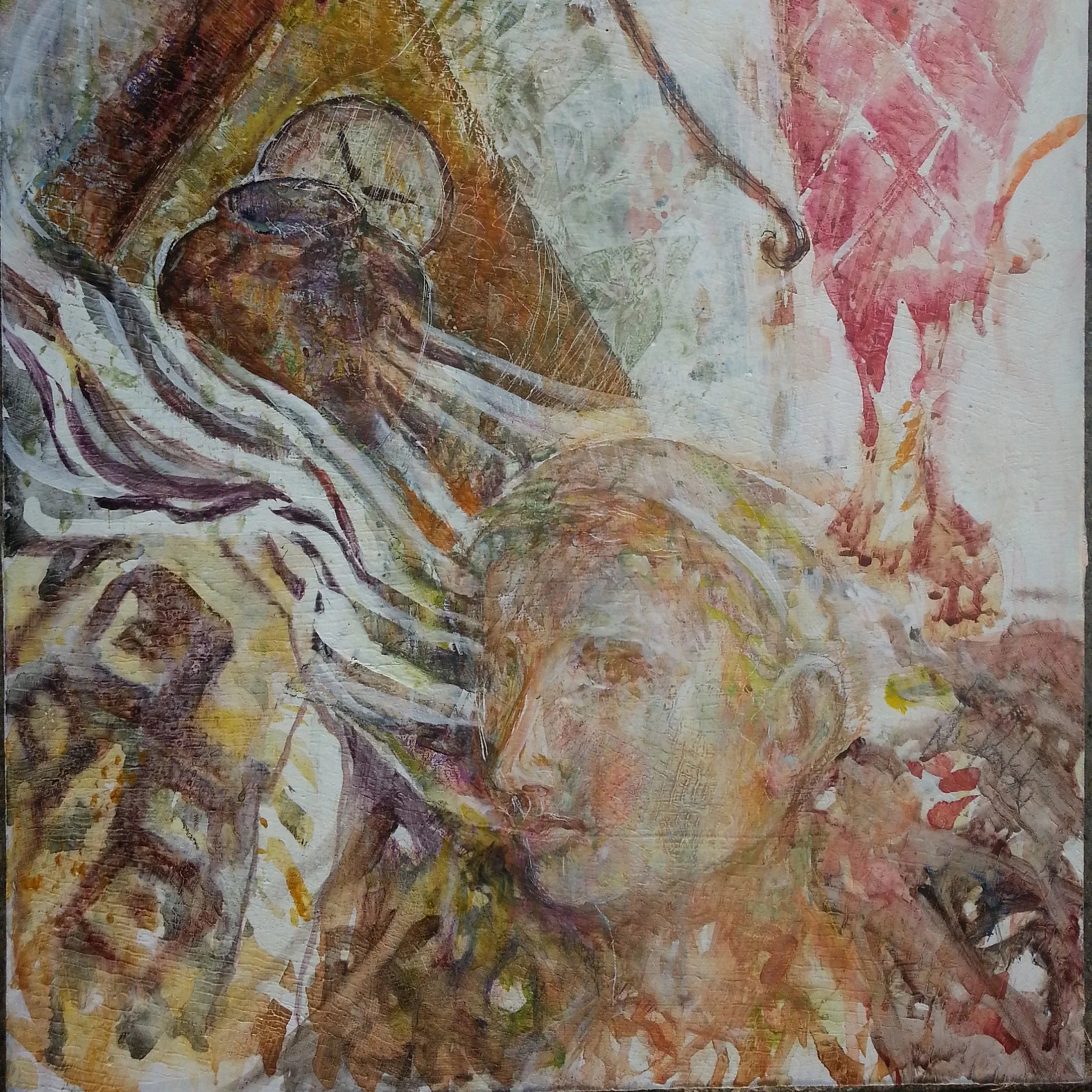 Abstract painting with a textured human face, geometric shapes, and earthy tones
