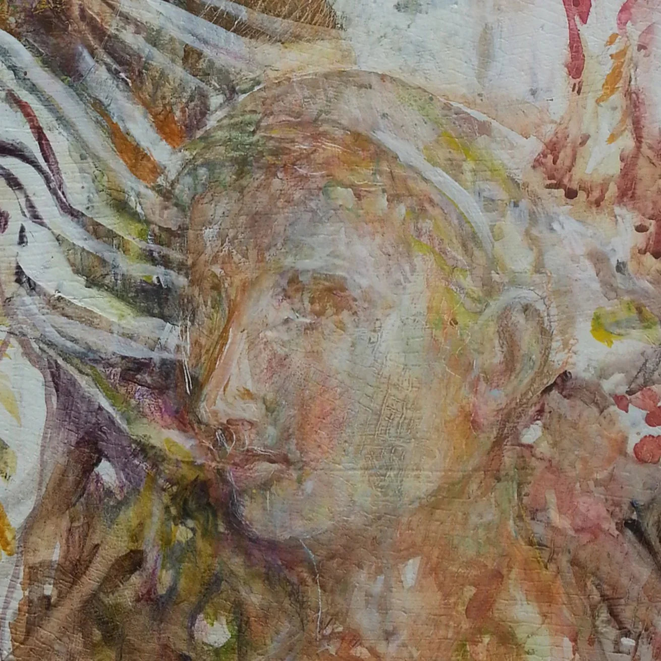 Abstract portrait painting with soft brushstrokes and earthy tones, artistic female face