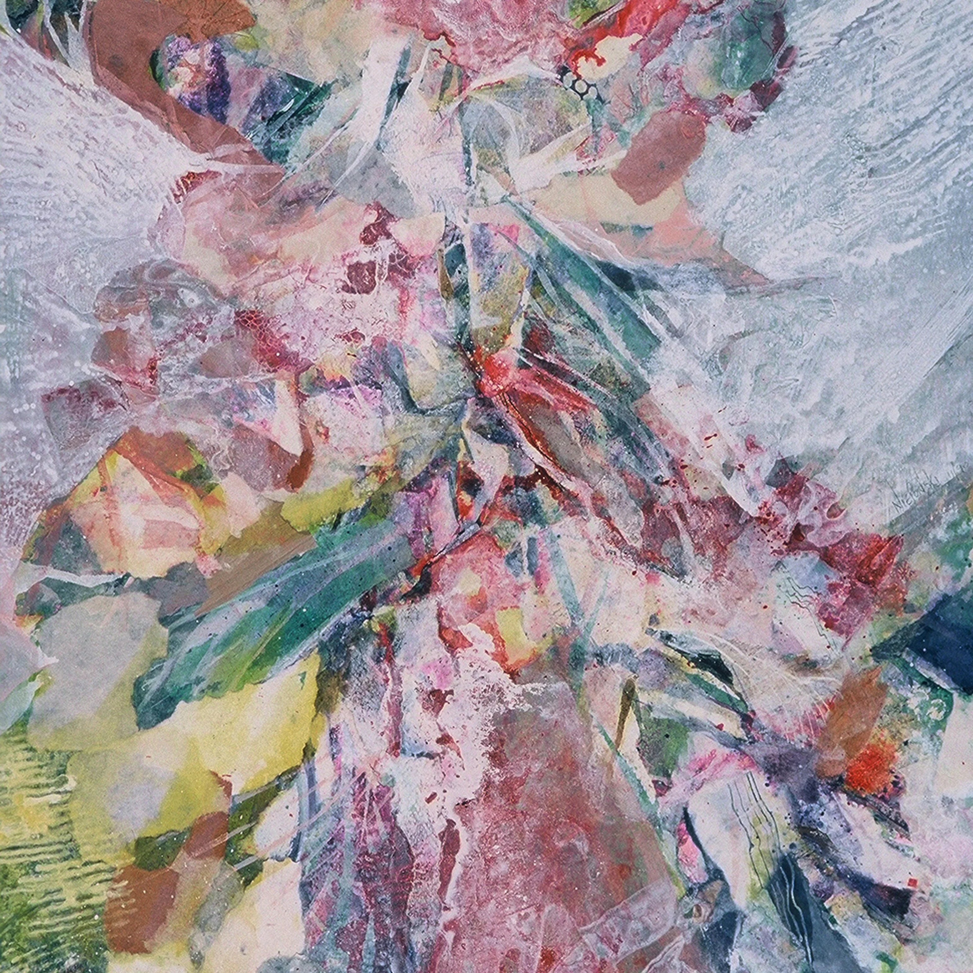 Abstract colorful quartz-inspired painting with layered textures and dynamic brushstrokes