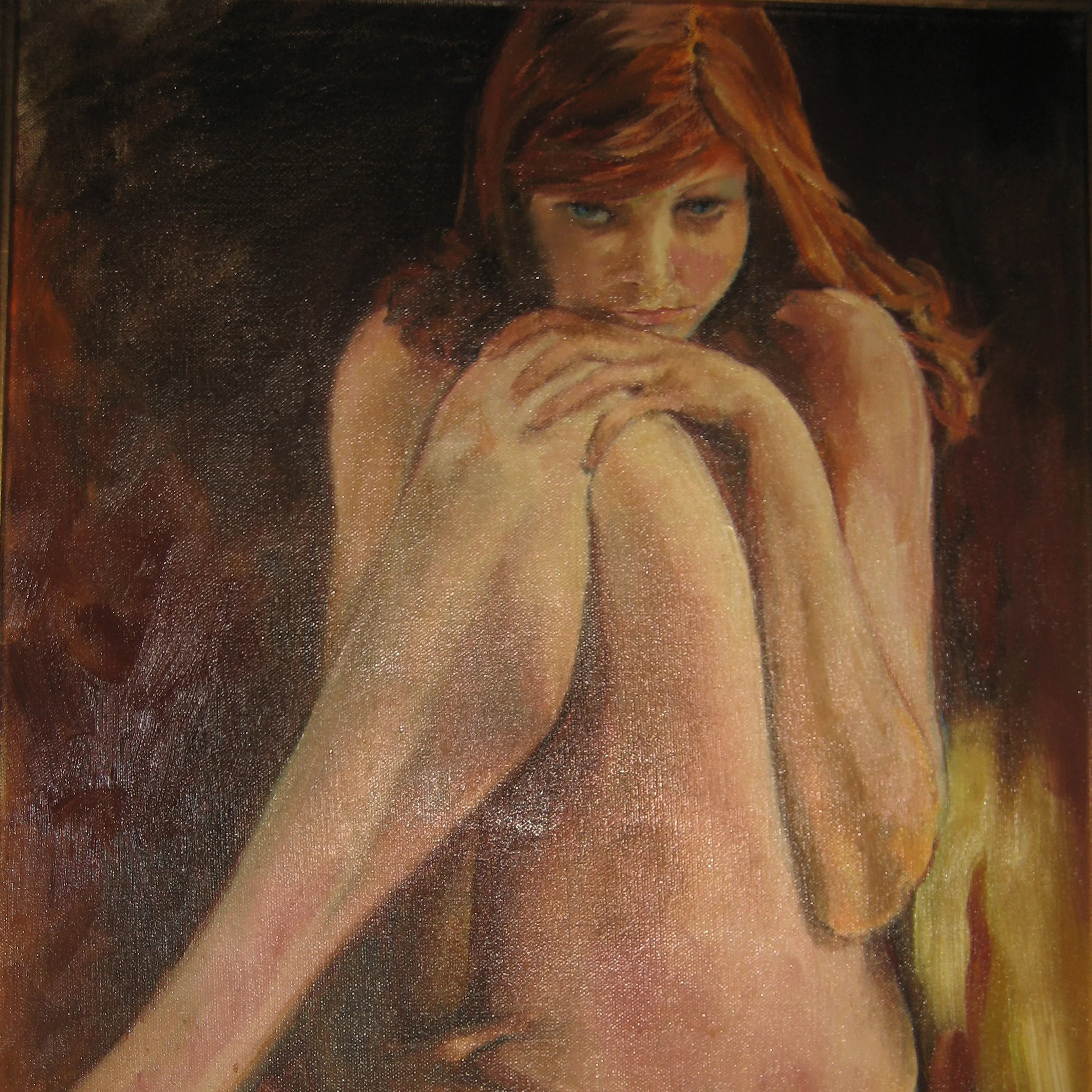 oil painting of a seated woman with red hair, arms resting on knees, warm brown tones