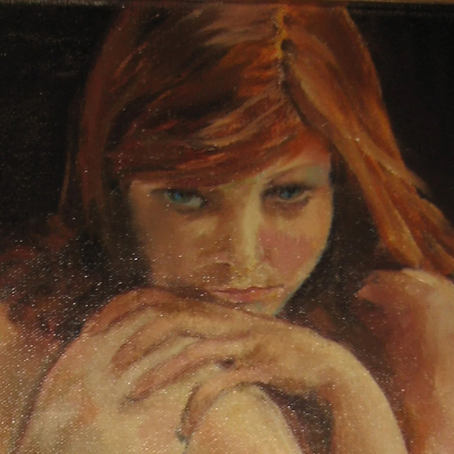 Oil painting of a woman with red hair resting her chin on her arms, intense gaze, dark background