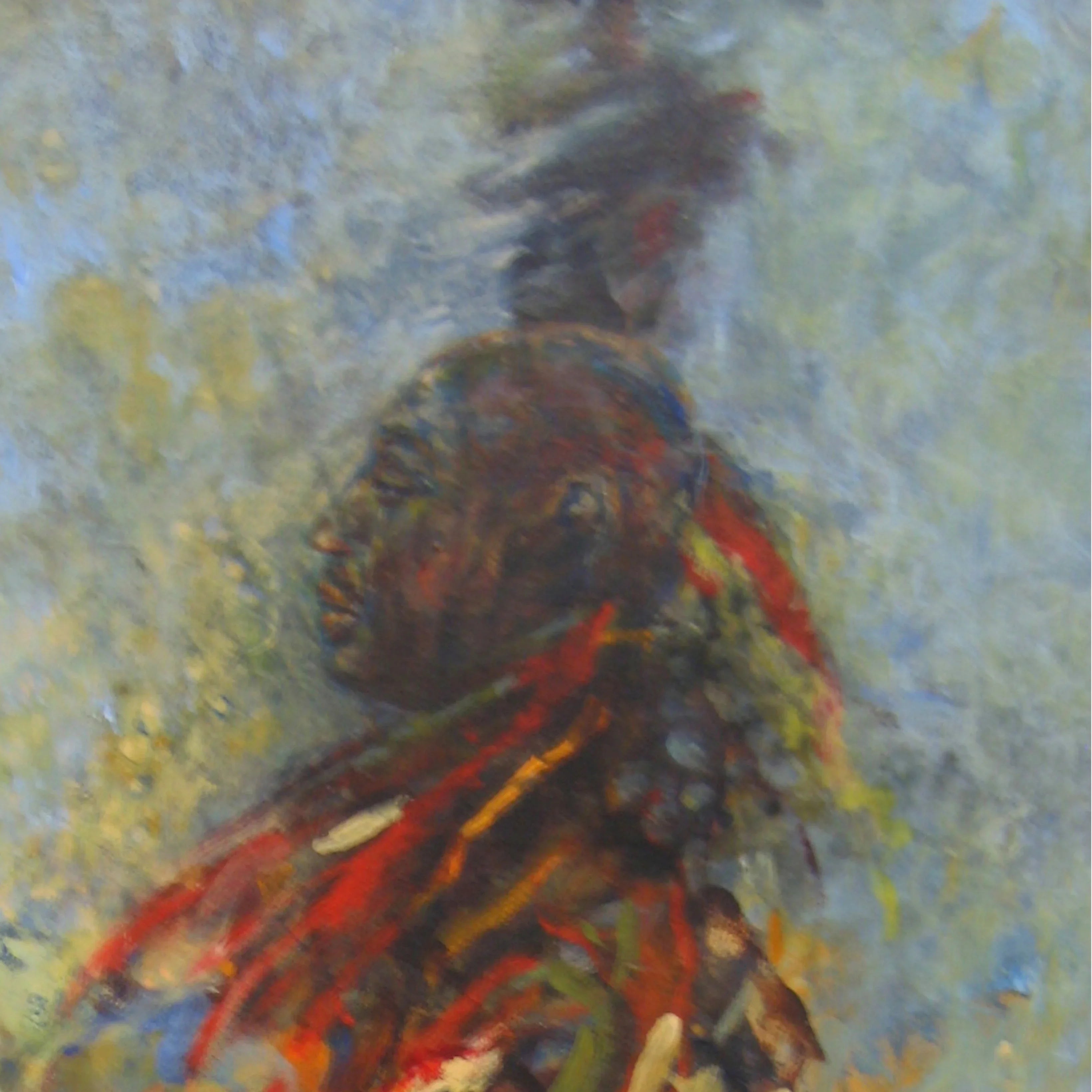 Abstract painting of a dancer in vibrant traditional attire and feathered headdress