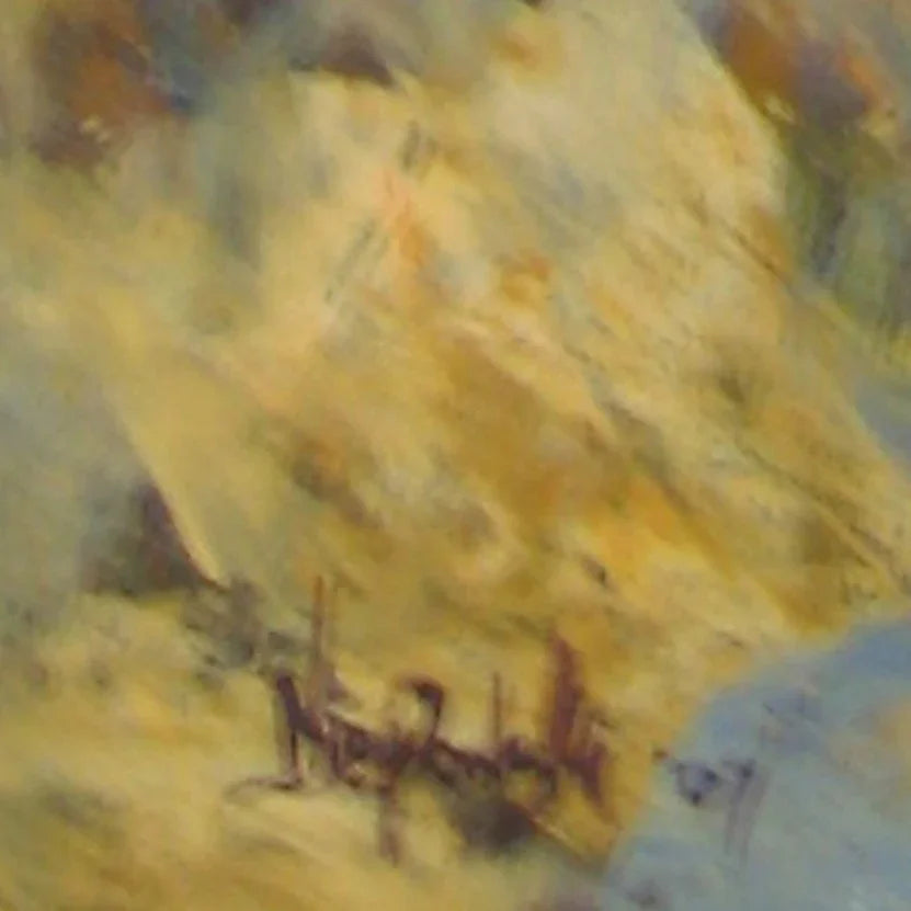 Abstract painting with textured yellow and blue brushstrokes, artist signature visible