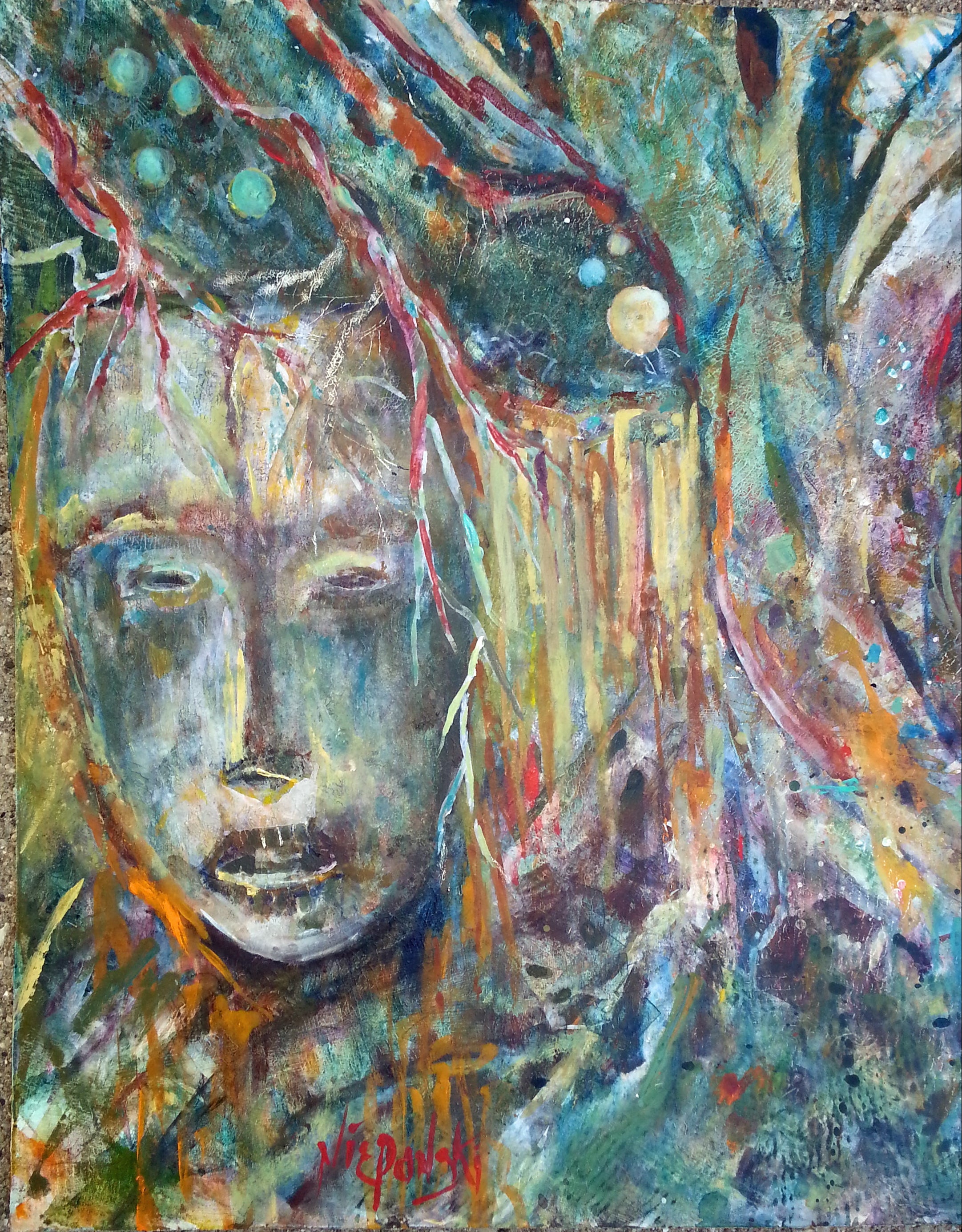 Abstract painting of a face with colorful, swirling patterns on a textured surface.