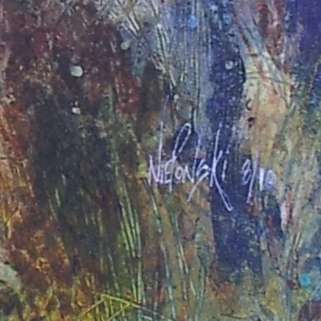 Colorful abstract painting with textured brushstrokes and artist signature on canvas