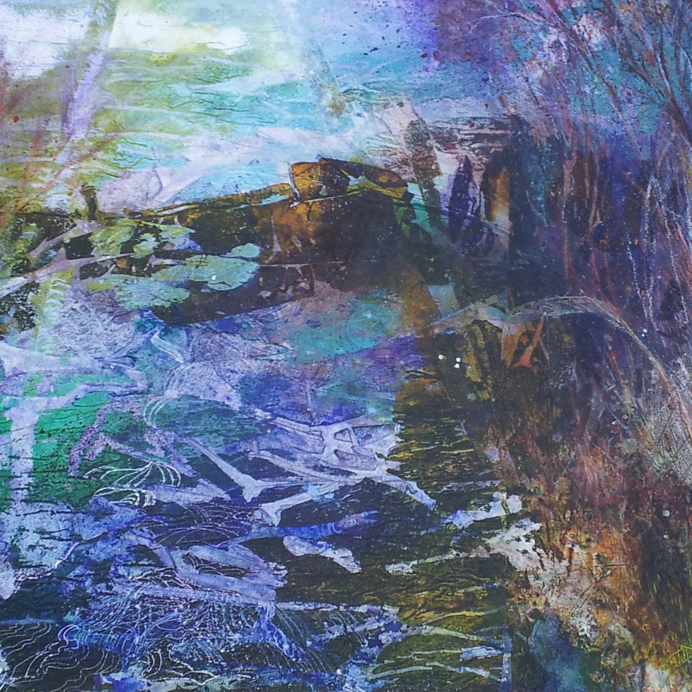 Abstract landscape artwork with textured brushstrokes in blue, green, and earthy tones