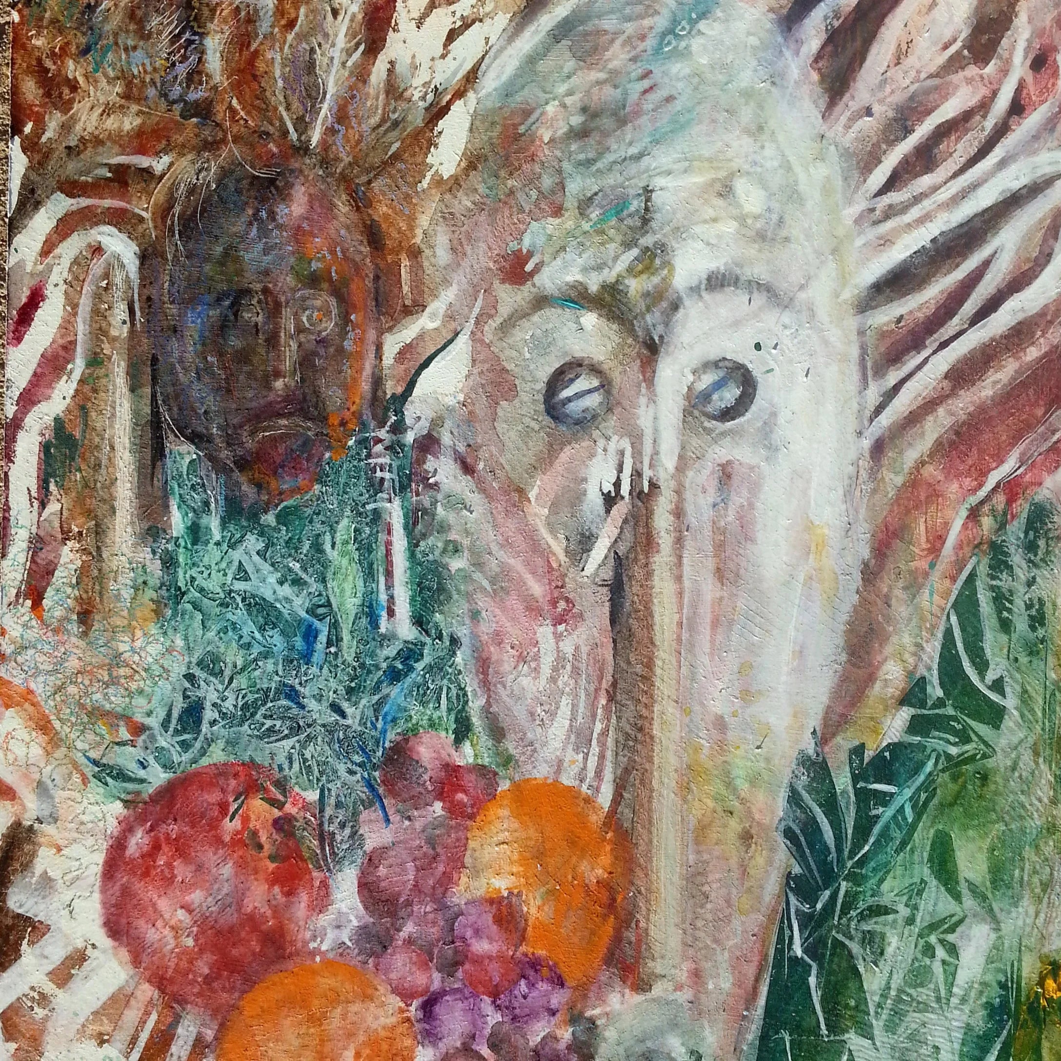 Abstract painting with vibrant fruits, expressive faces, and colorful organic textures