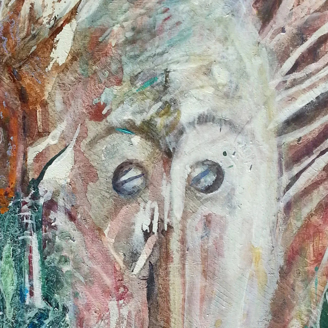 Abstract painting of a face with expressive brushstrokes and earthy color tones