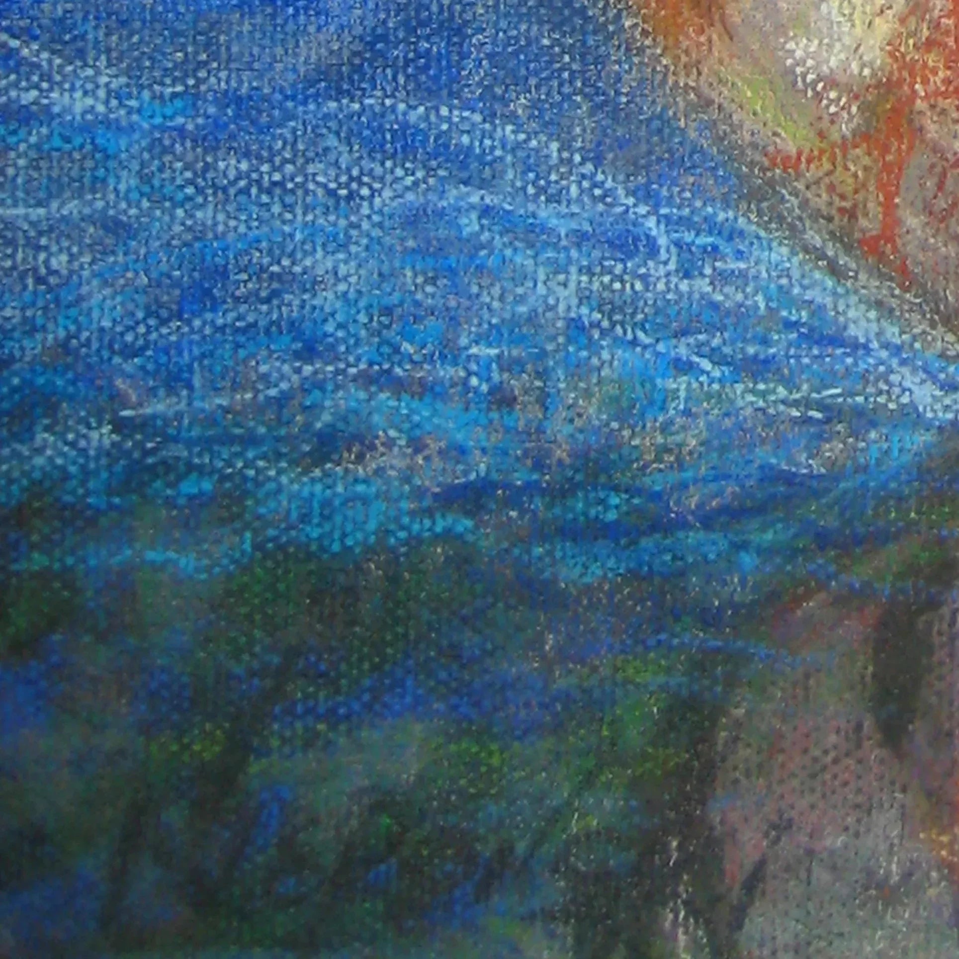 Abstract painting with blue, green, and orange textured brushstrokes
