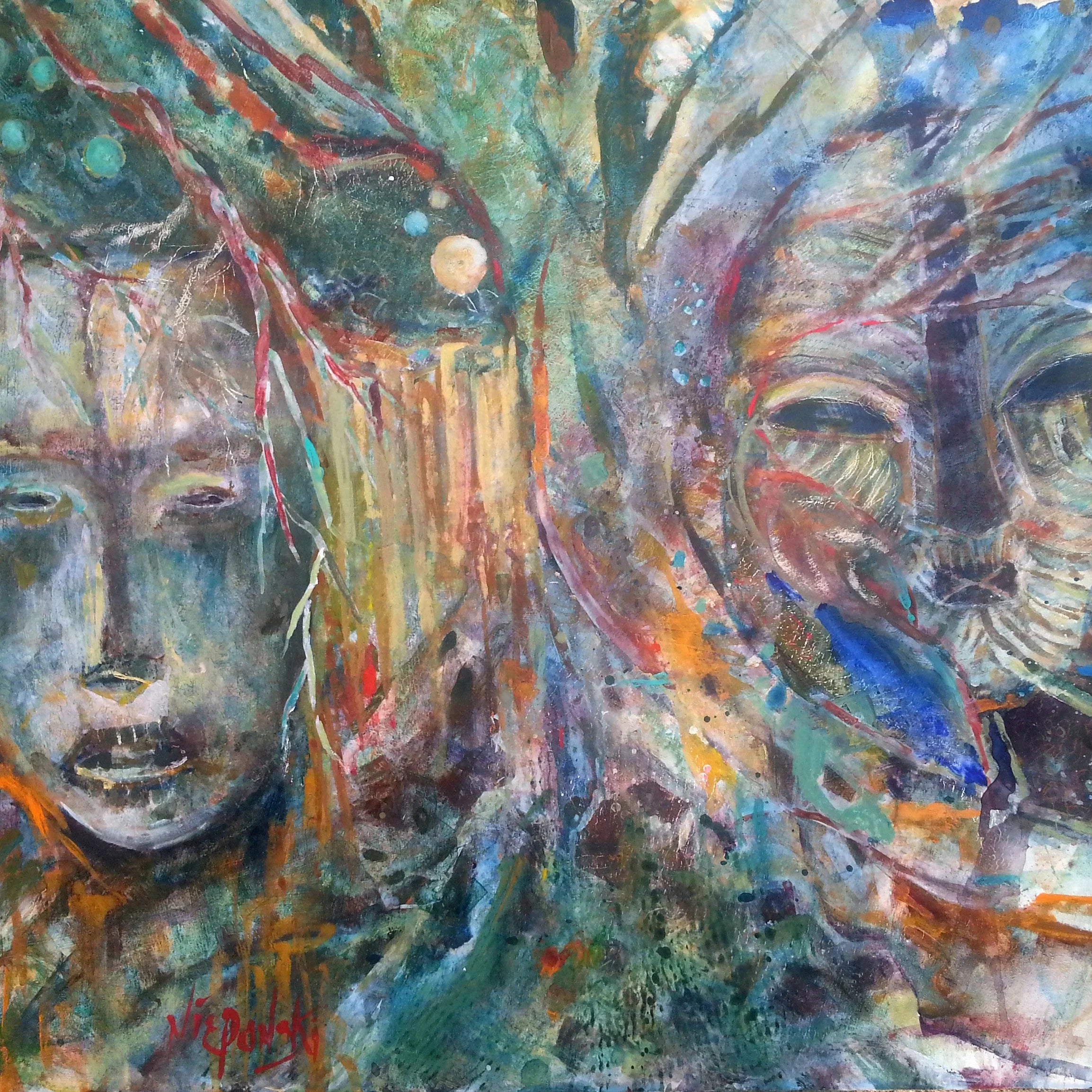 Abstract painting with expressive human and animal faces, vibrant colors, textured brushstrokes