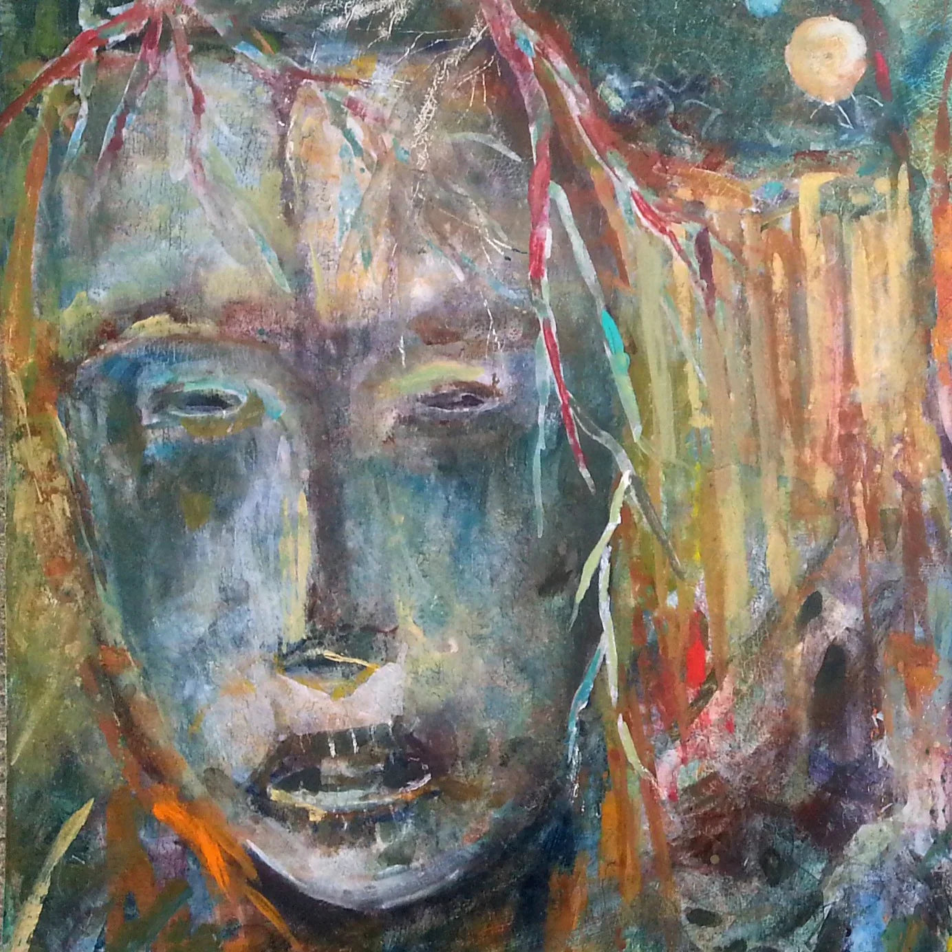 Abstract face painting with vibrant colors, flowing lines, and a glowing moon in the background