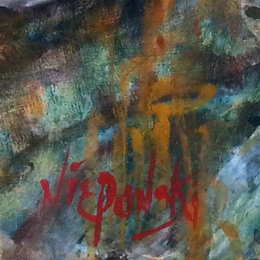 Abstract colorful painting with textured layers and visible artist signature in red.