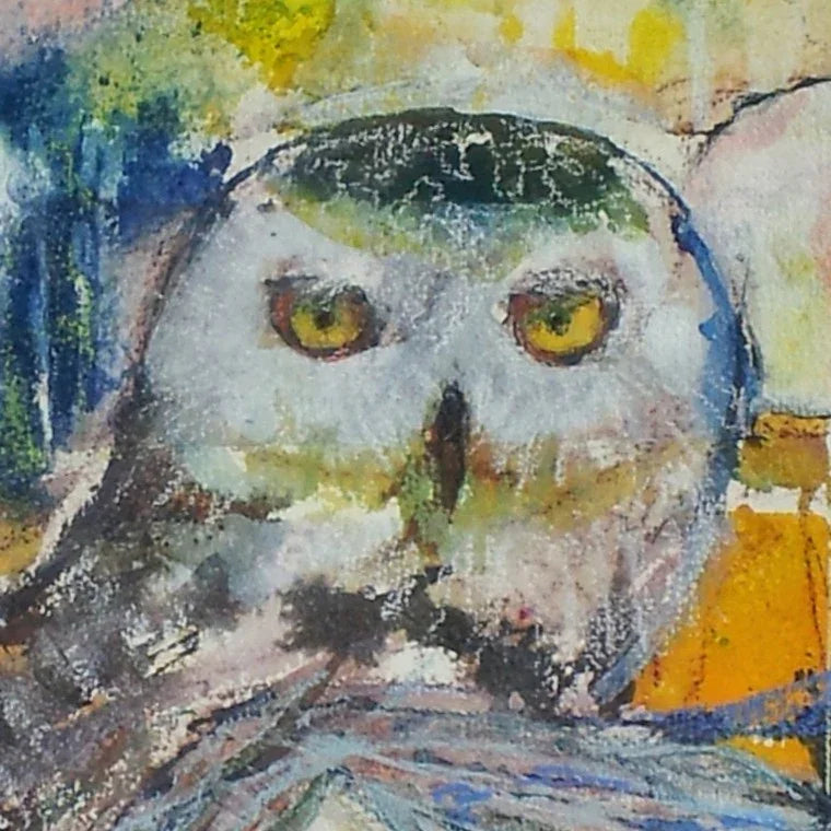 Close-up of an abstract owl painting with vibrant colors capturing the essence of abstract metamorphosis art.
