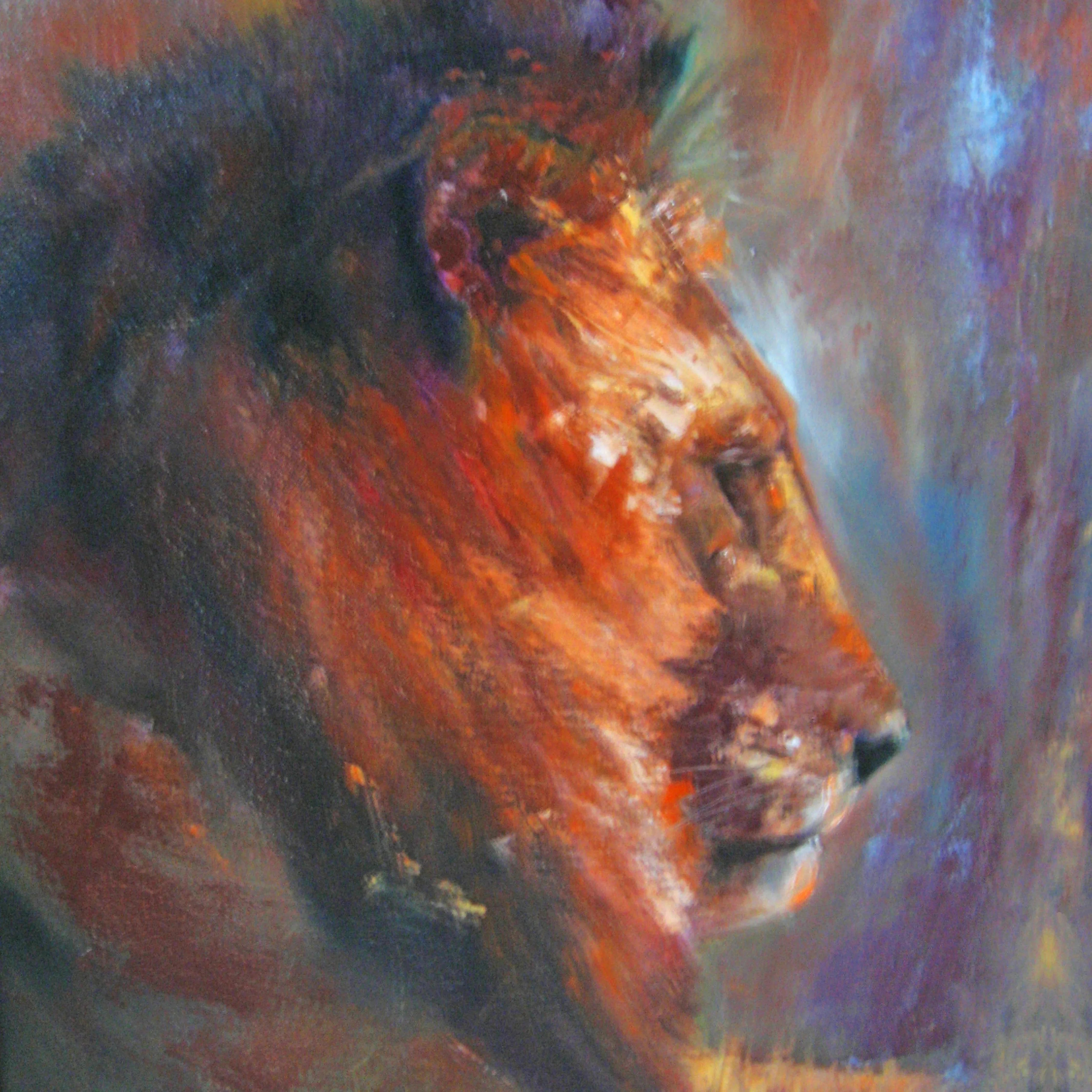 Figurative oil painting of a lion's profile, showcasing vibrant colors and intense expression.