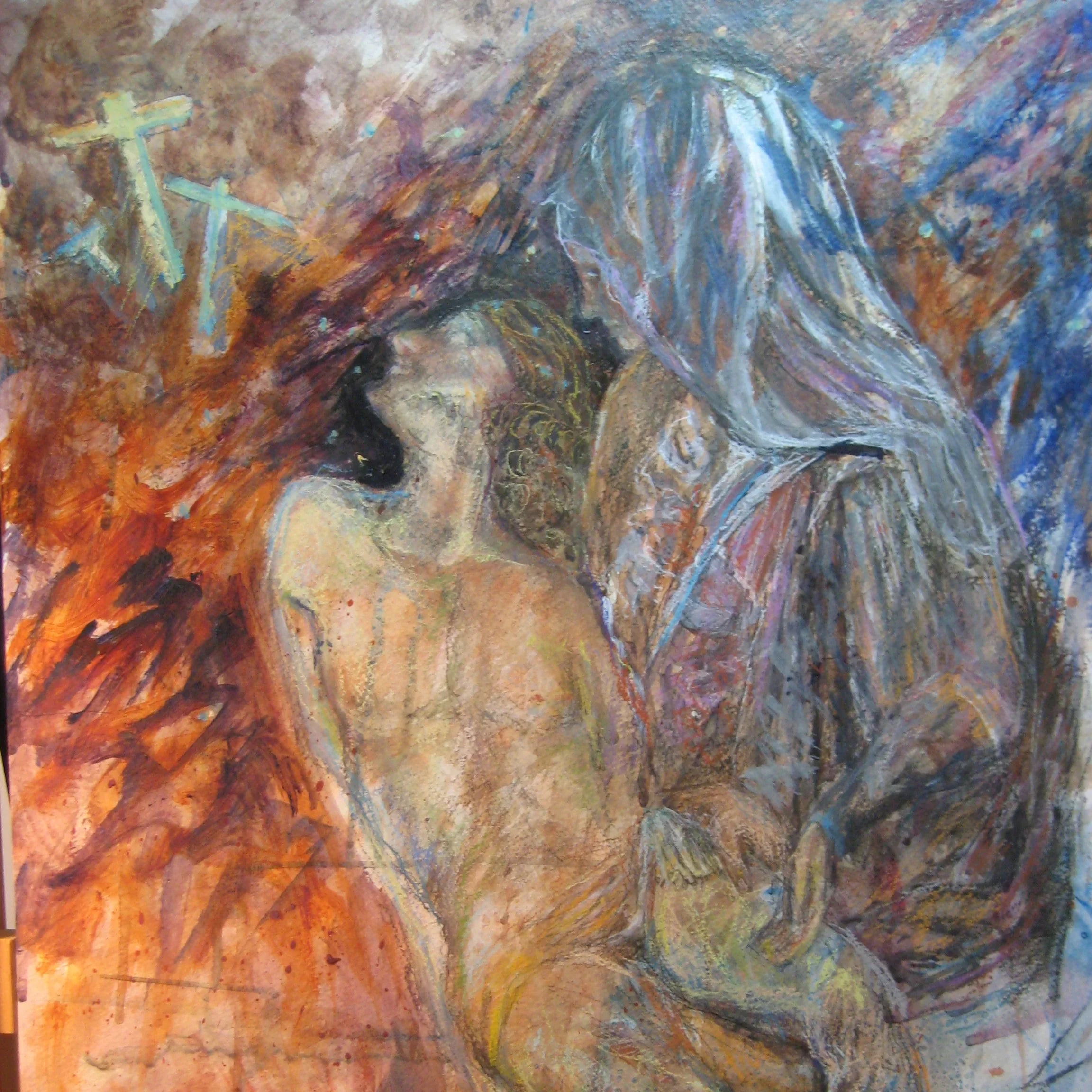 Abstract painting of a draped figure holding a reclining nude figure with crosses in the background.