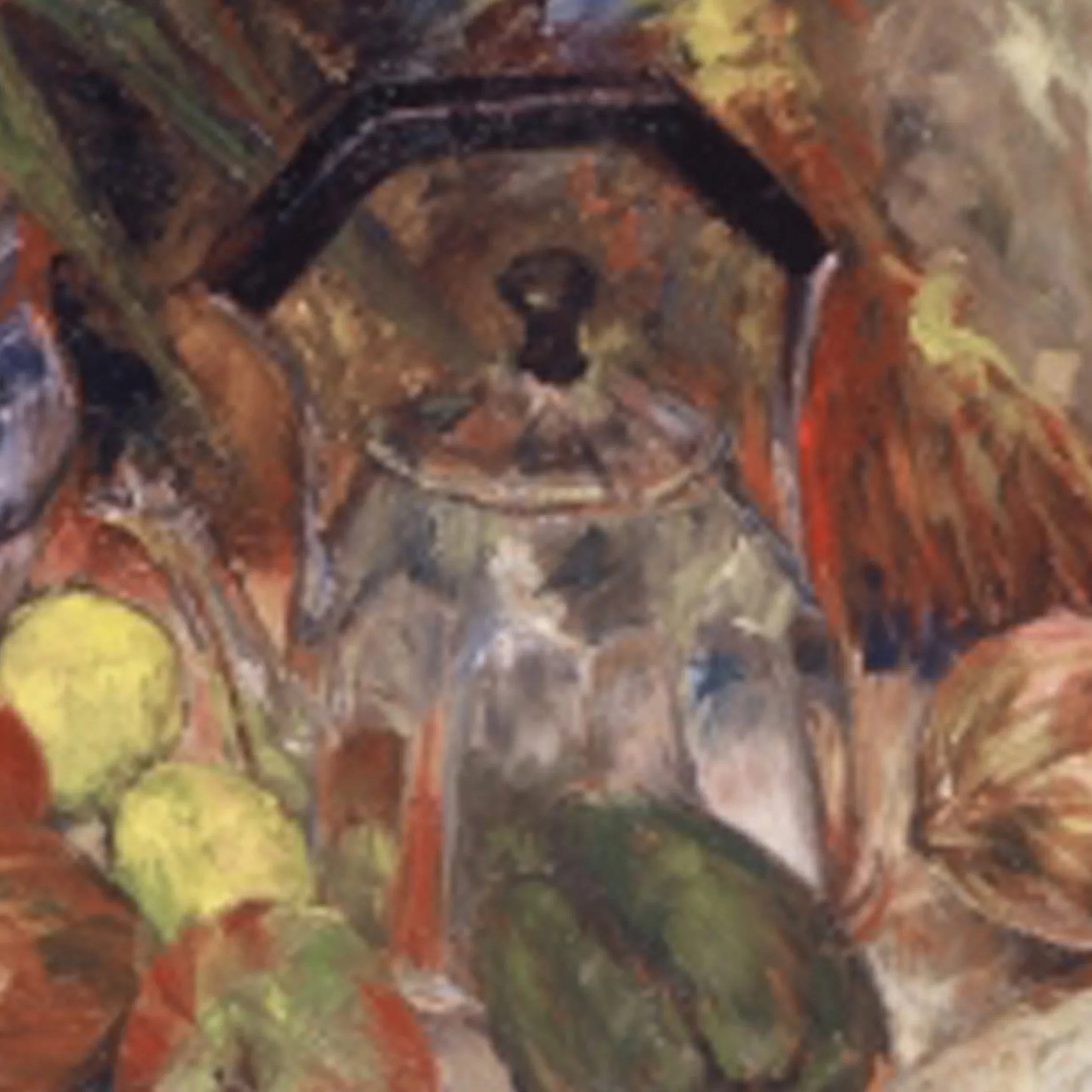 Still life painting of glass jar, apples, and vegetables in warm, earthy tones