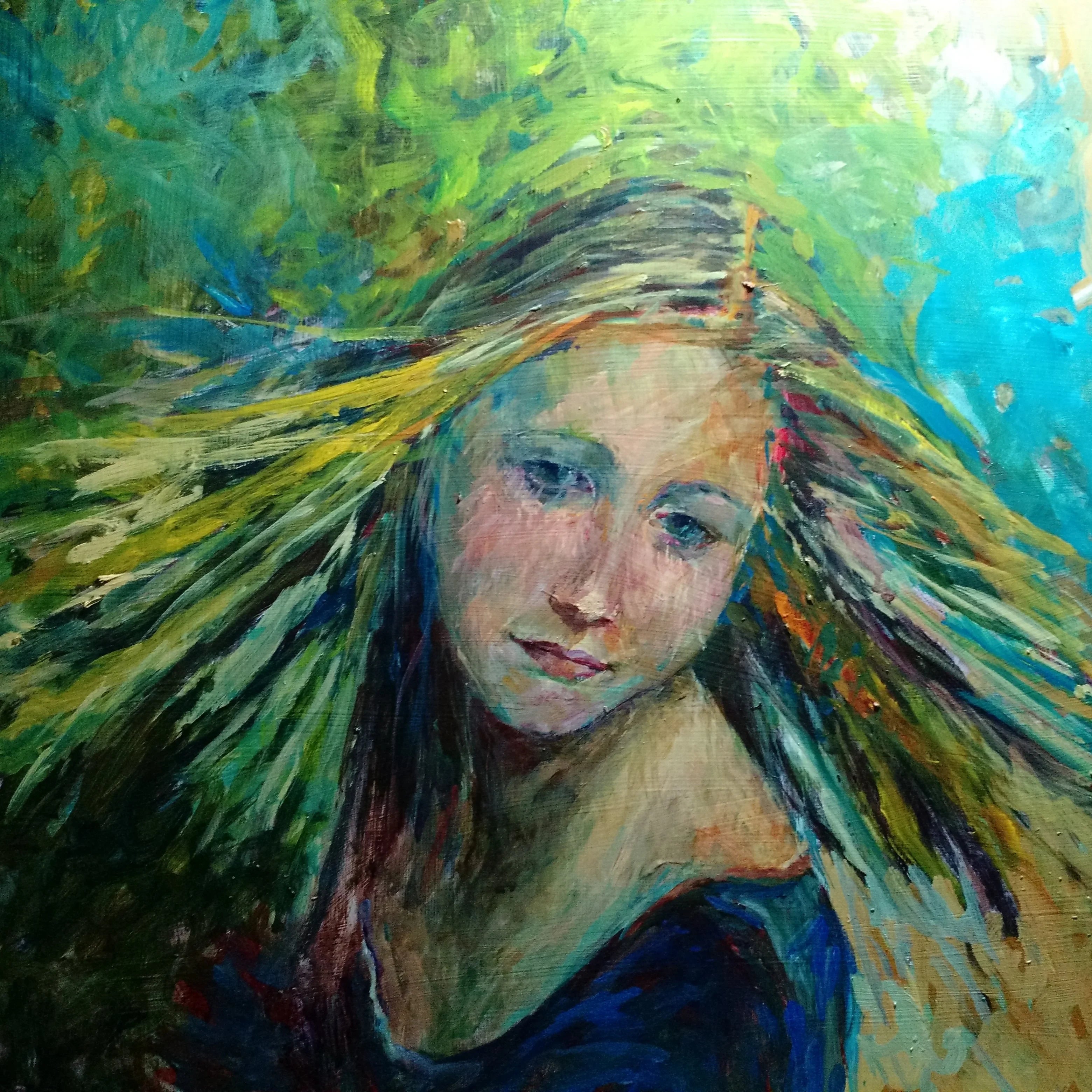 Colorful oil painting of a woman with flowing hair in a vibrant, abstract background