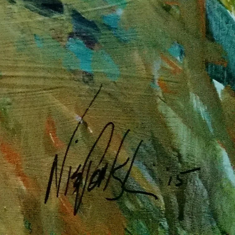 Close-up of artist signature on abstract painting with textured brushstrokes and bold colors