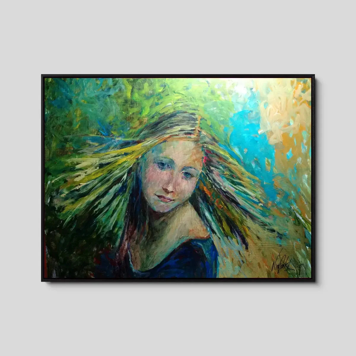 Colorful abstract painting of a woman with flowing hair in a vibrant nature setting