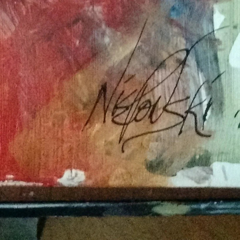 Abstract painting detail with textured red and beige background and artist signature