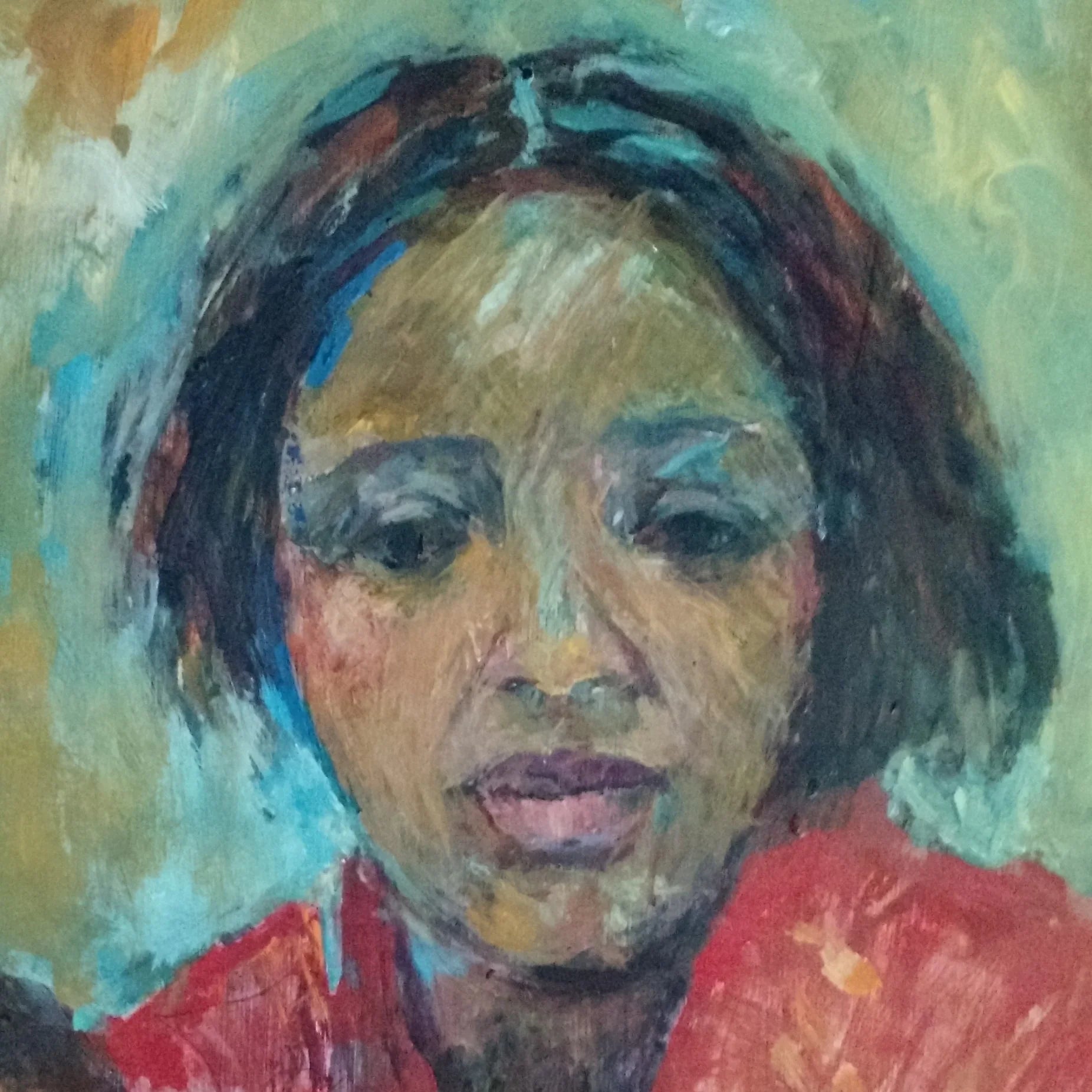 Expressive portrait painting of a woman with dark hair and a red garment, textured brushstrokes