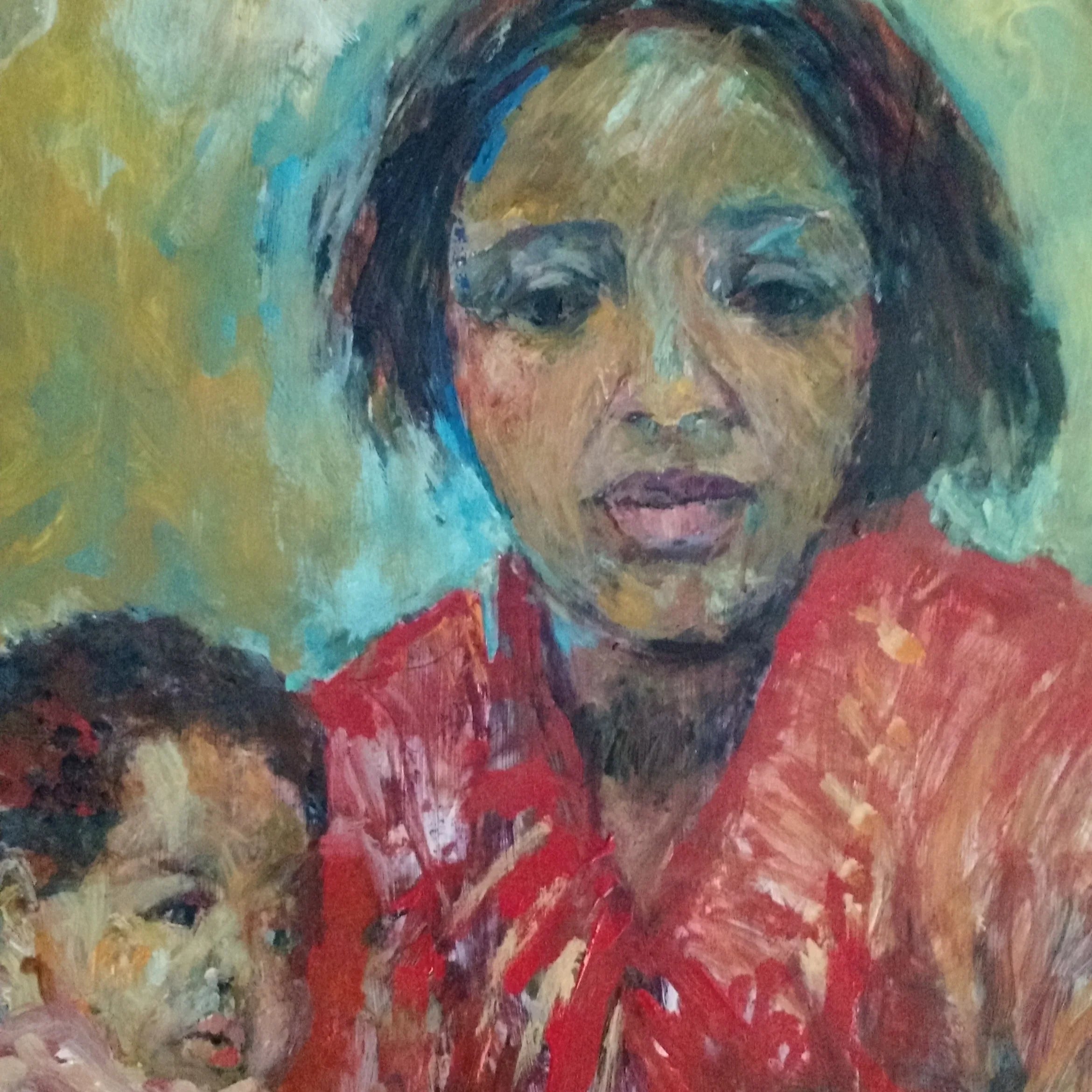 Expressive painting of a woman in red holding a child, textured brushstrokes, warm colors