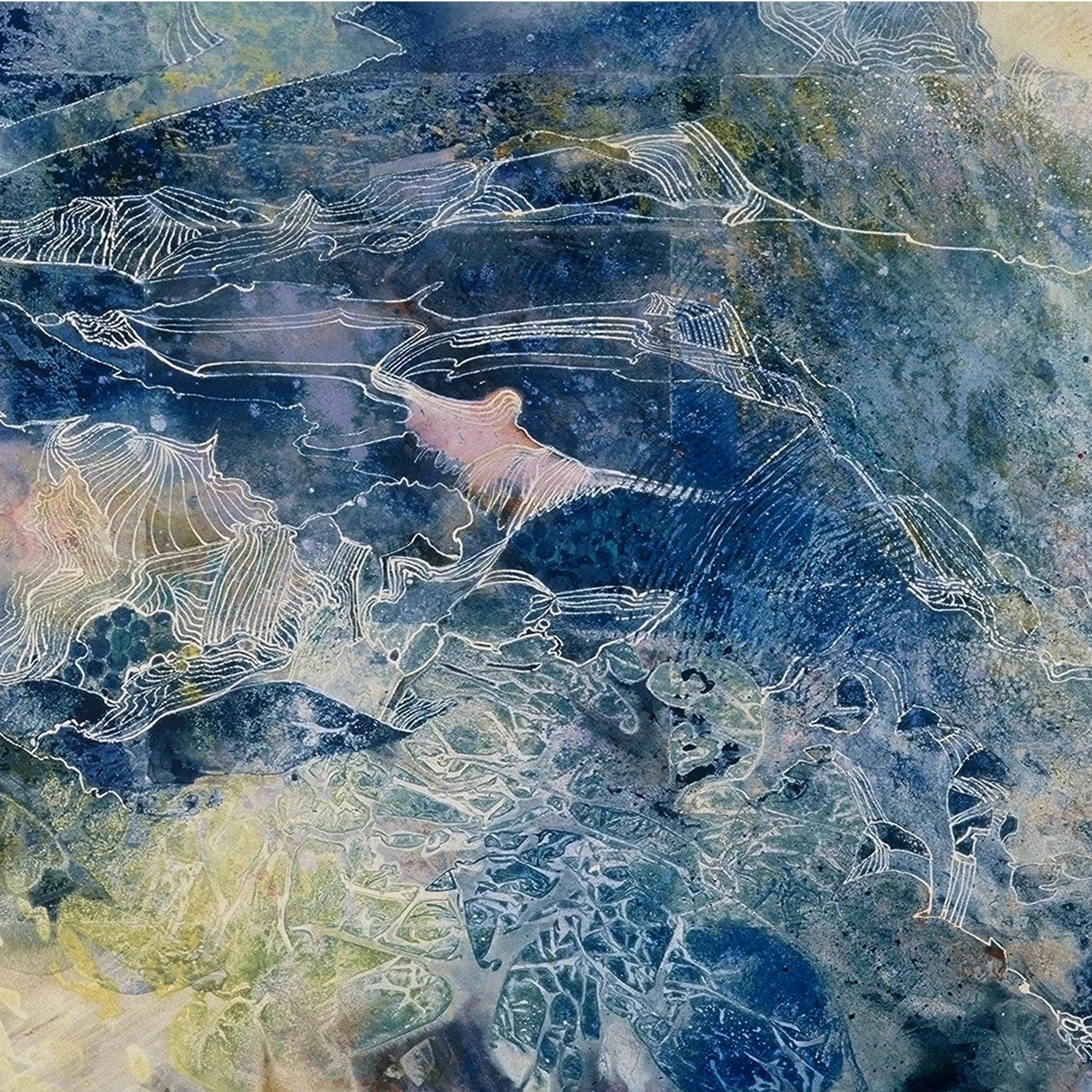 Abstract blue textured painting with white linear patterns and hints of yellow and pink