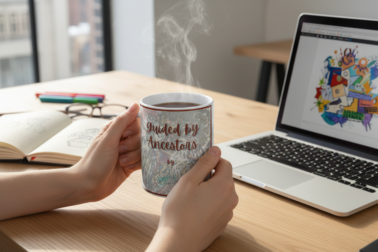 Guided by Ancestors cup at desk
