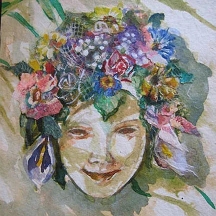 Watercolor painting of a smiling face adorned with a colorful floral crown, artistic style.