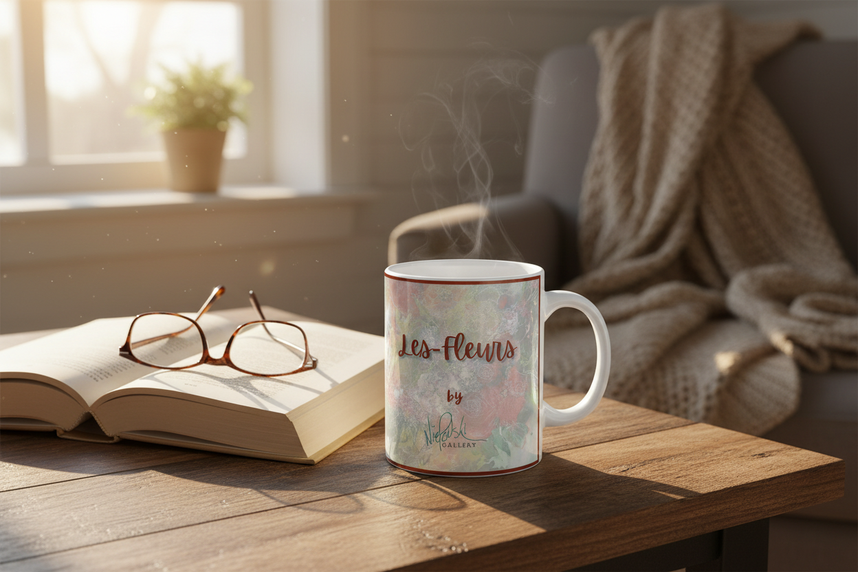 Les Fleurs cup on table with book