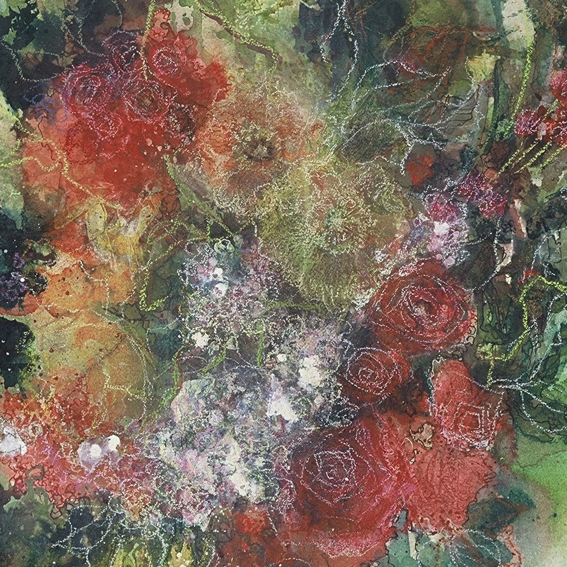 Abstract floral painting with vibrant red, green, and pink flowers and lush foliage.