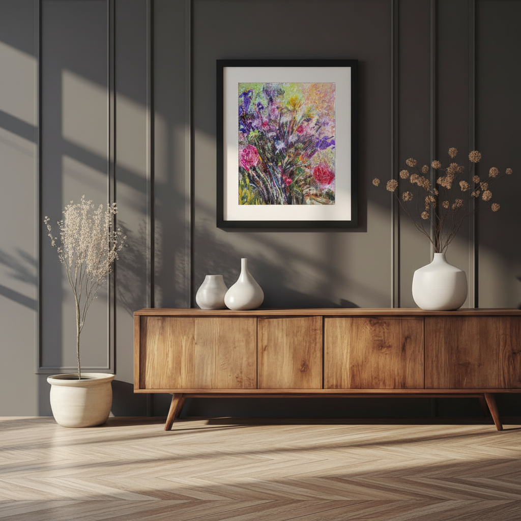 Two framed paintings on gray wall, one abstract owl and woman, one canyon landscape art