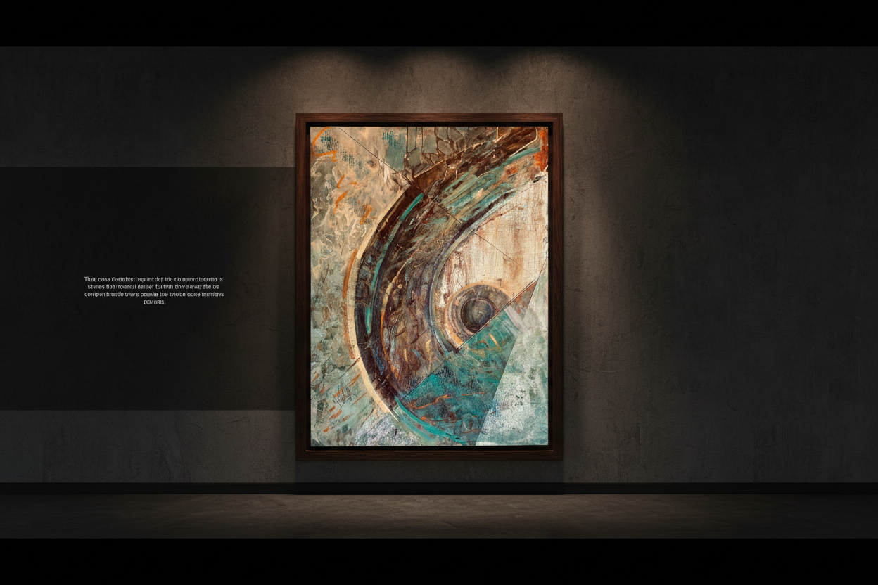 Woman with gloves arranging framed modern art collages on dark gallery wall