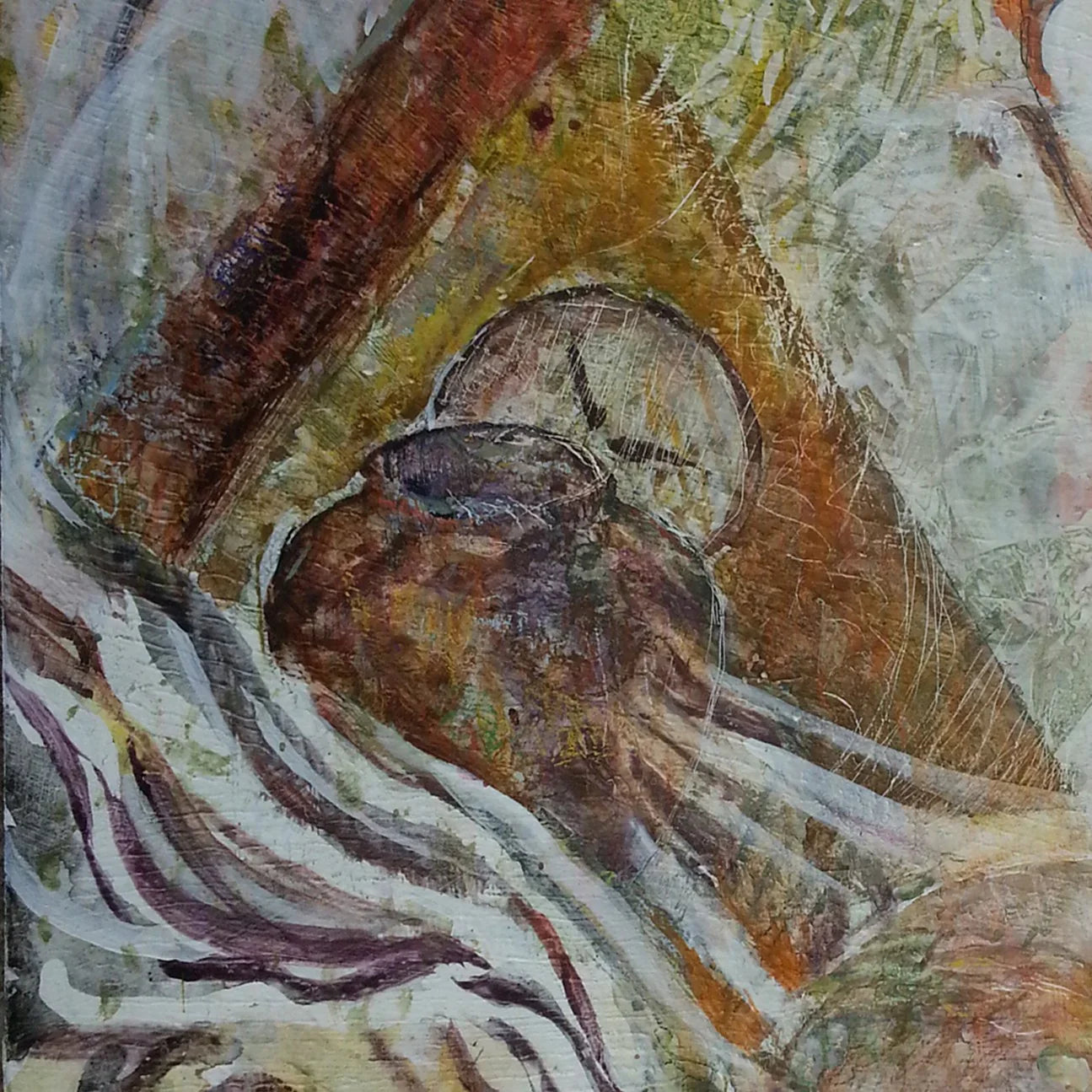 Abstract painting with earthy tones, wood texture, and organic flowing shapes