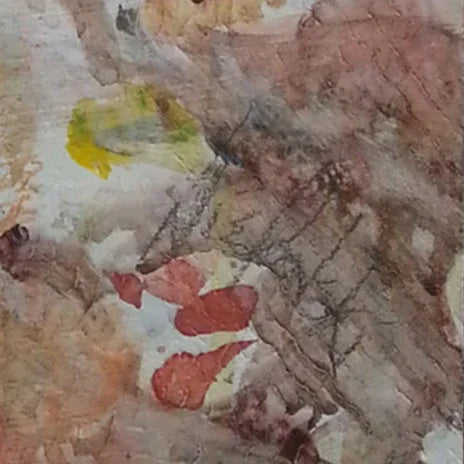 Abstract watercolor painting with earthy tones, red and yellow accents, textured background