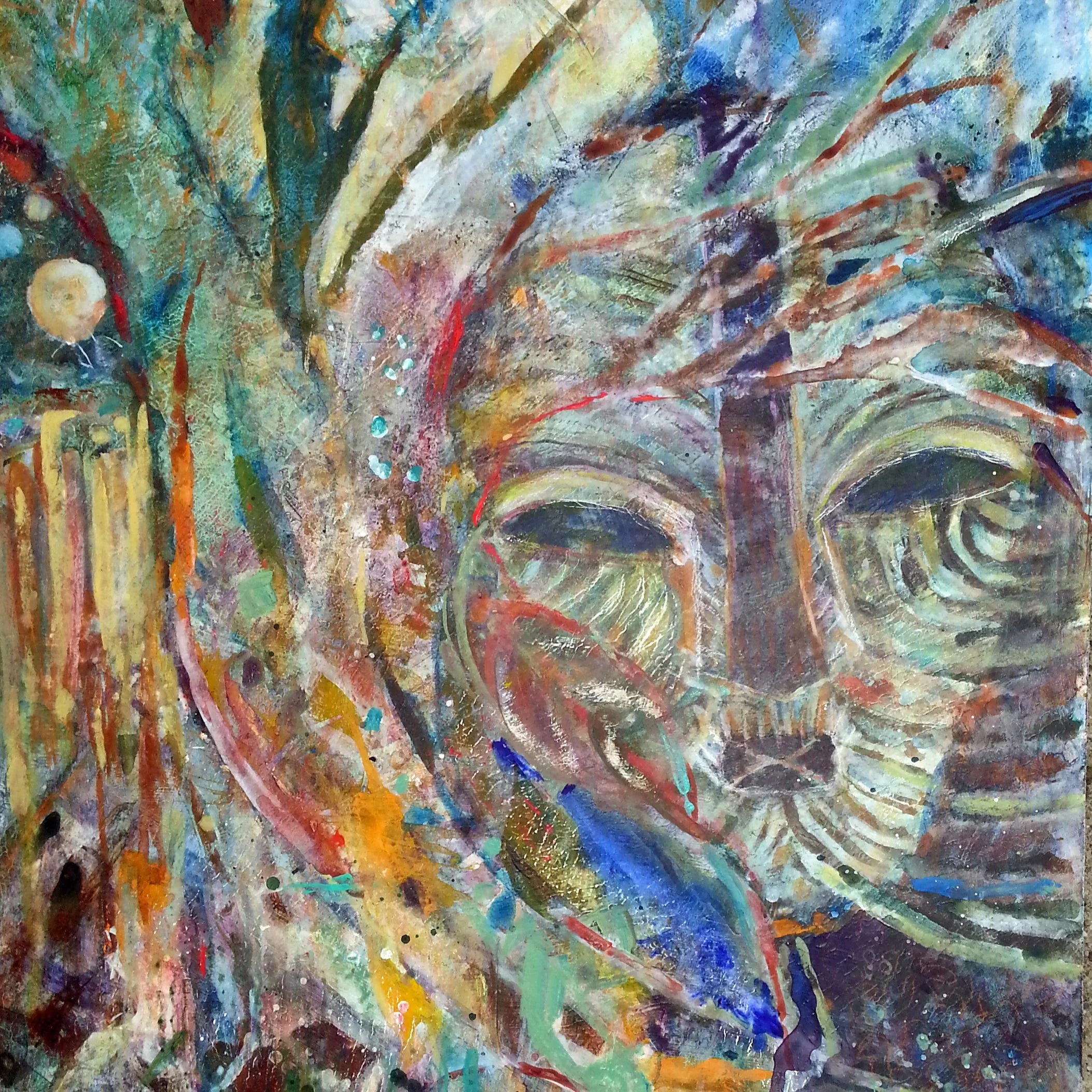Abstract colorful painting with feline face, swirling patterns and vibrant textured brushstrokes