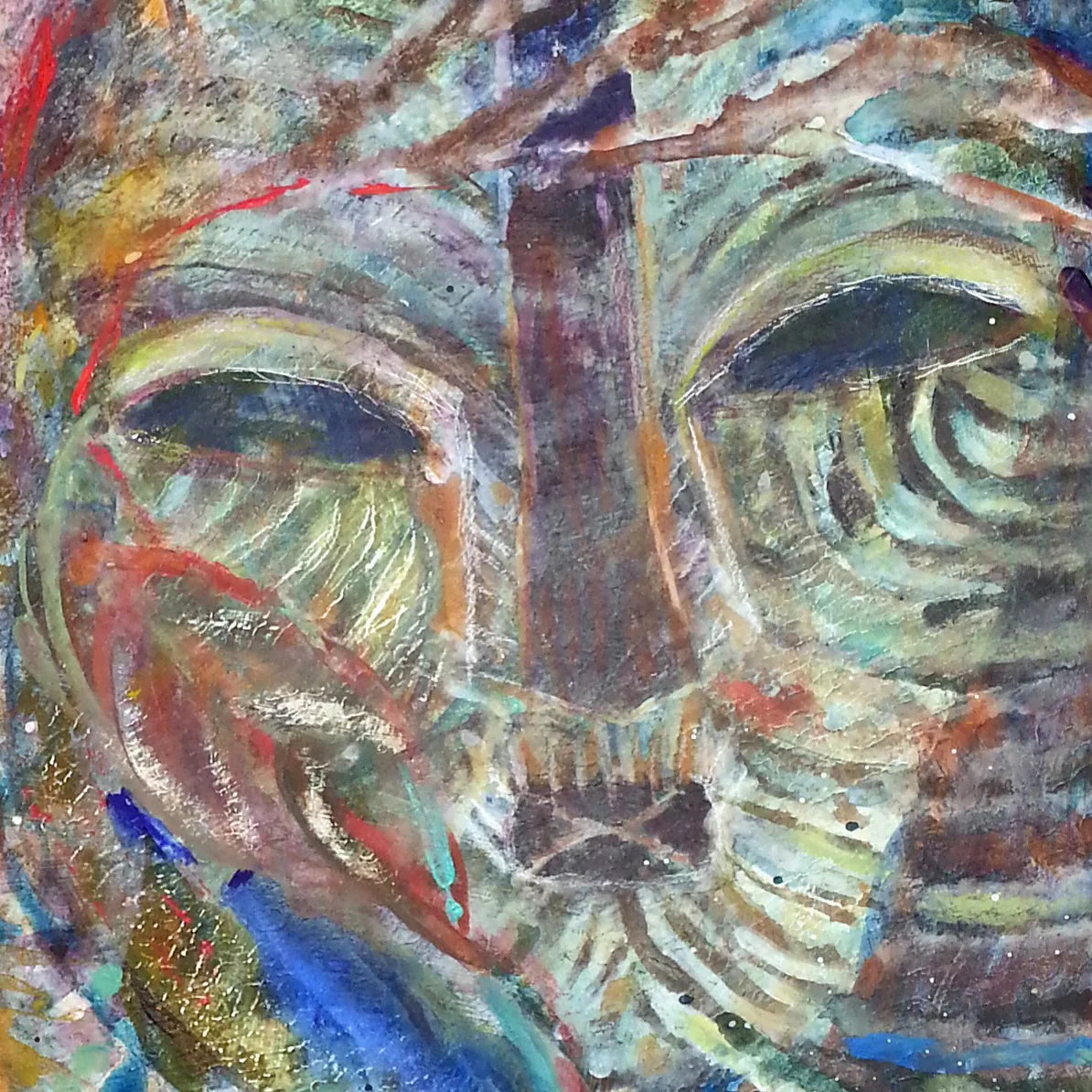 Abstract colorful face painting with swirling lines and earthy tones