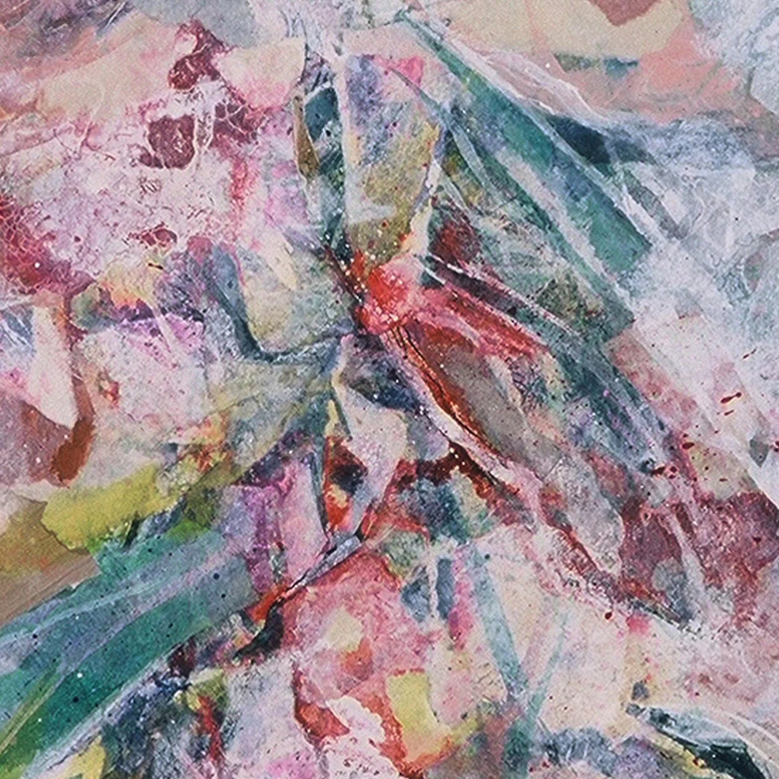 Abstract quartz-inspired art with pink, green, and yellow crystalline patterns
