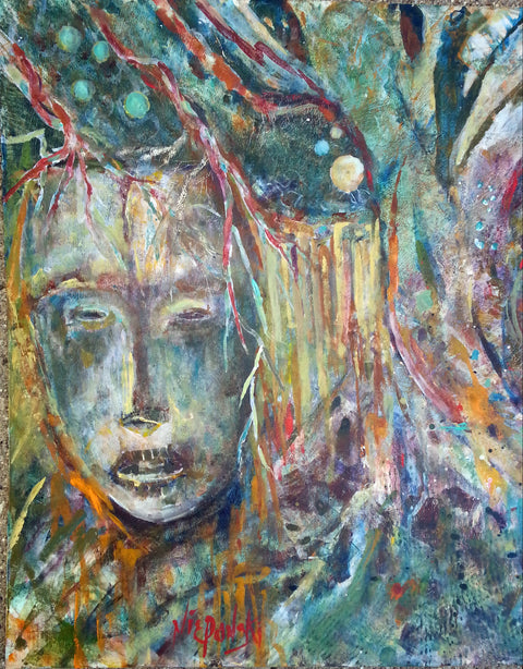 Abstract painting of a face with colorful, swirling patterns on a textured surface.