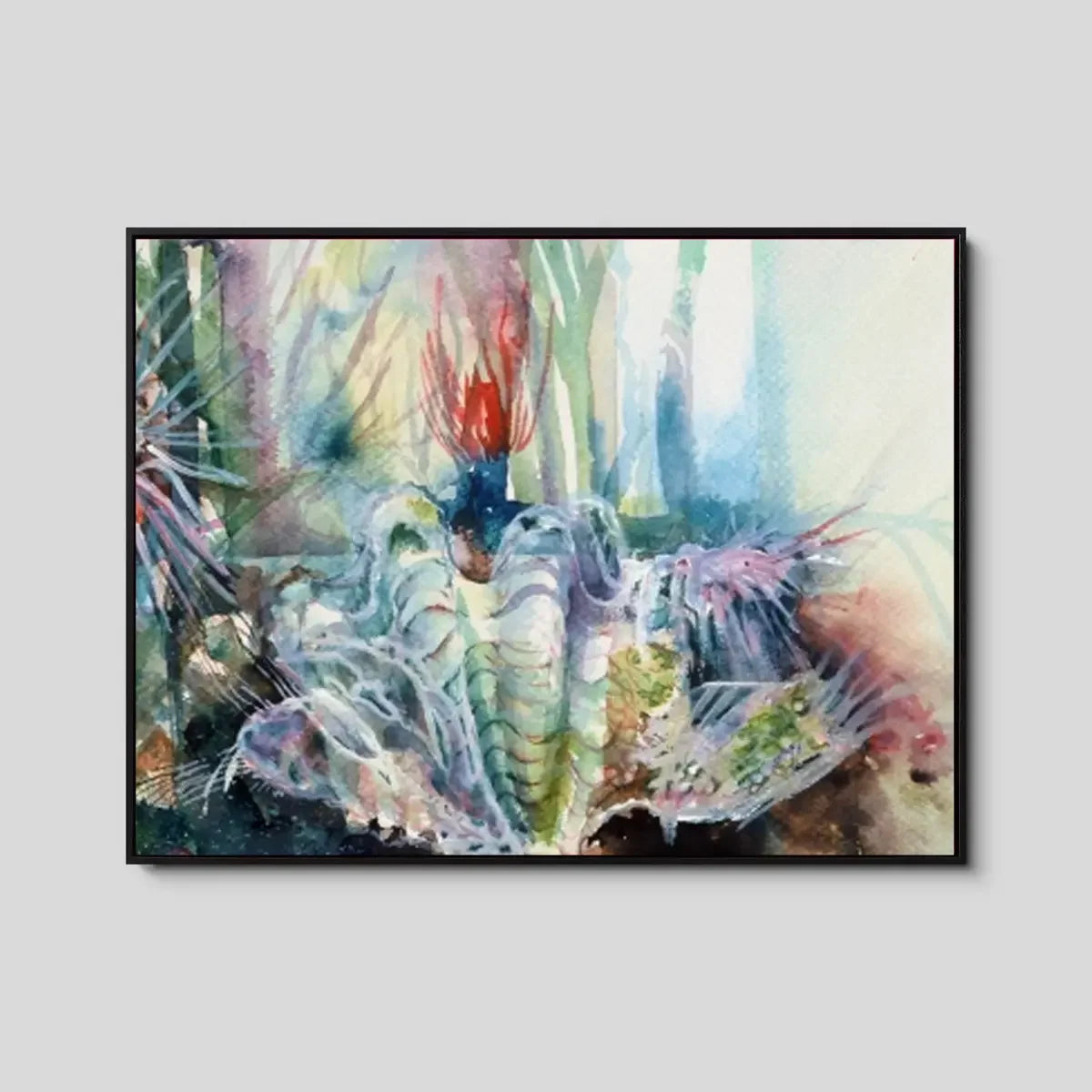 Abstract watercolor painting of an underwater creature with vibrant colors and organic shapes