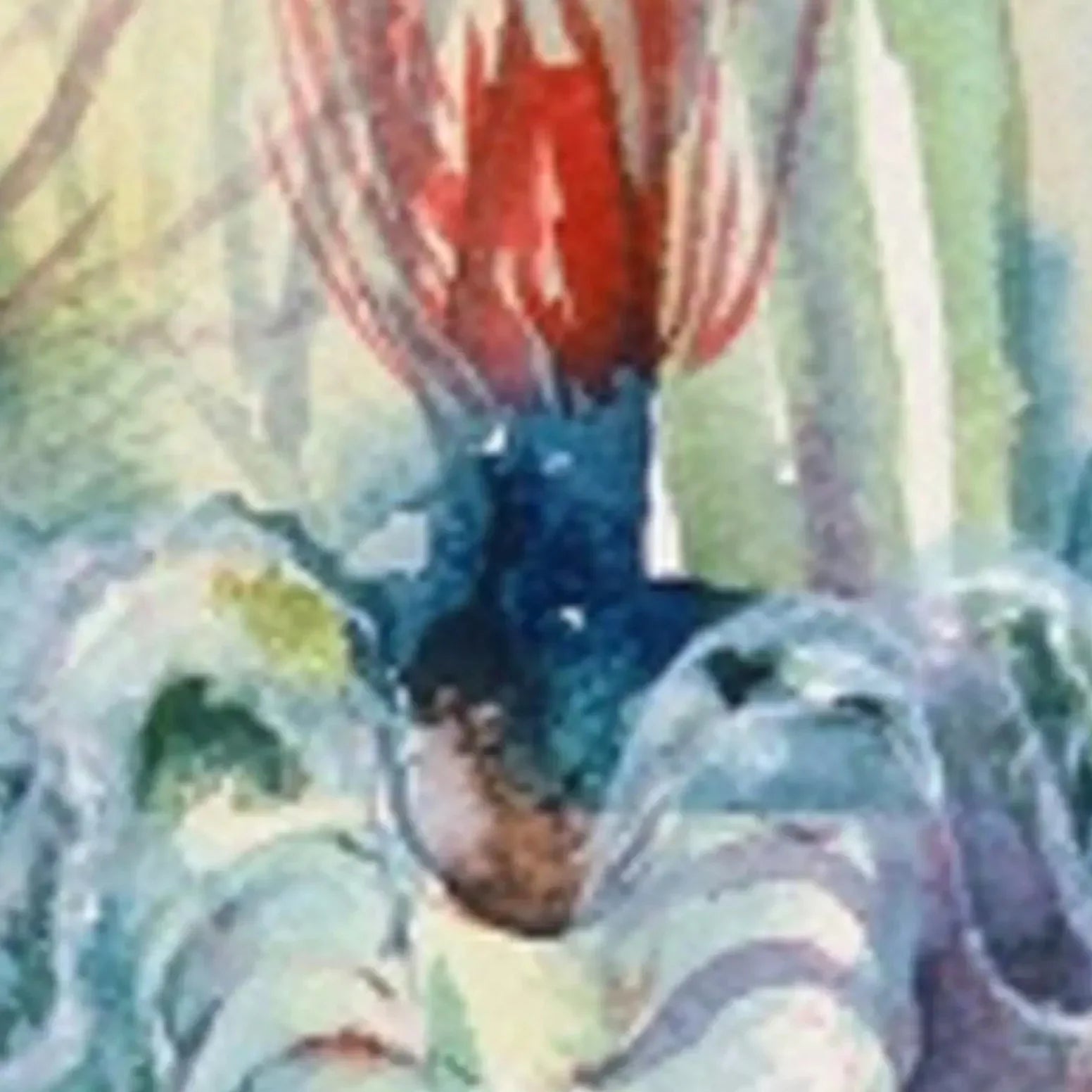 Abstract watercolor painting with bright red, blue, and green fluid shapes and organic textures