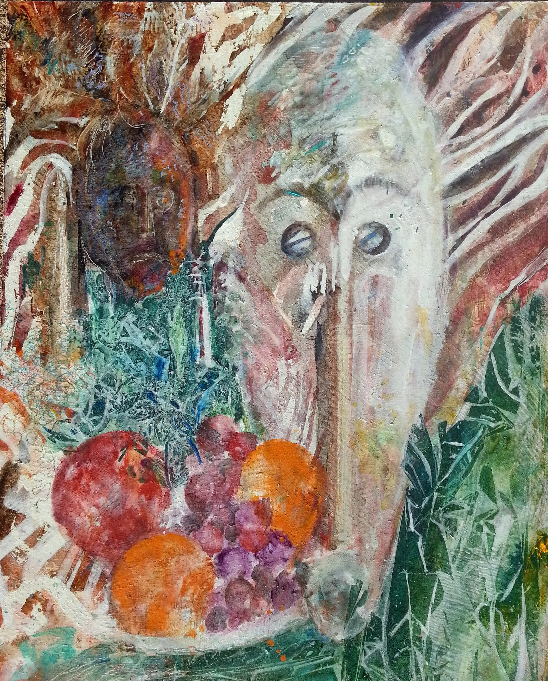 Abstract painting with tribal mask, ghostly face, and vibrant fruit still life