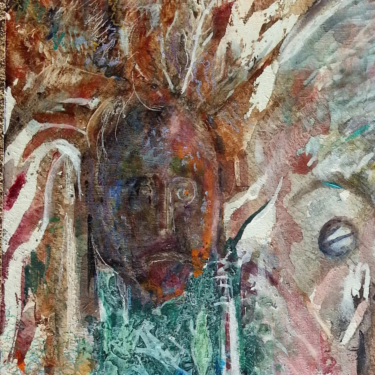 Abstract painting with a brown face, expressive brushstrokes, and earthy tones