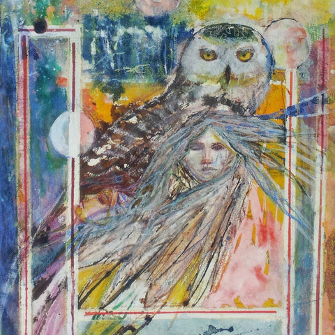 abstract metamorphosis art featuring a blending of human and owl forms in vibrant colors.