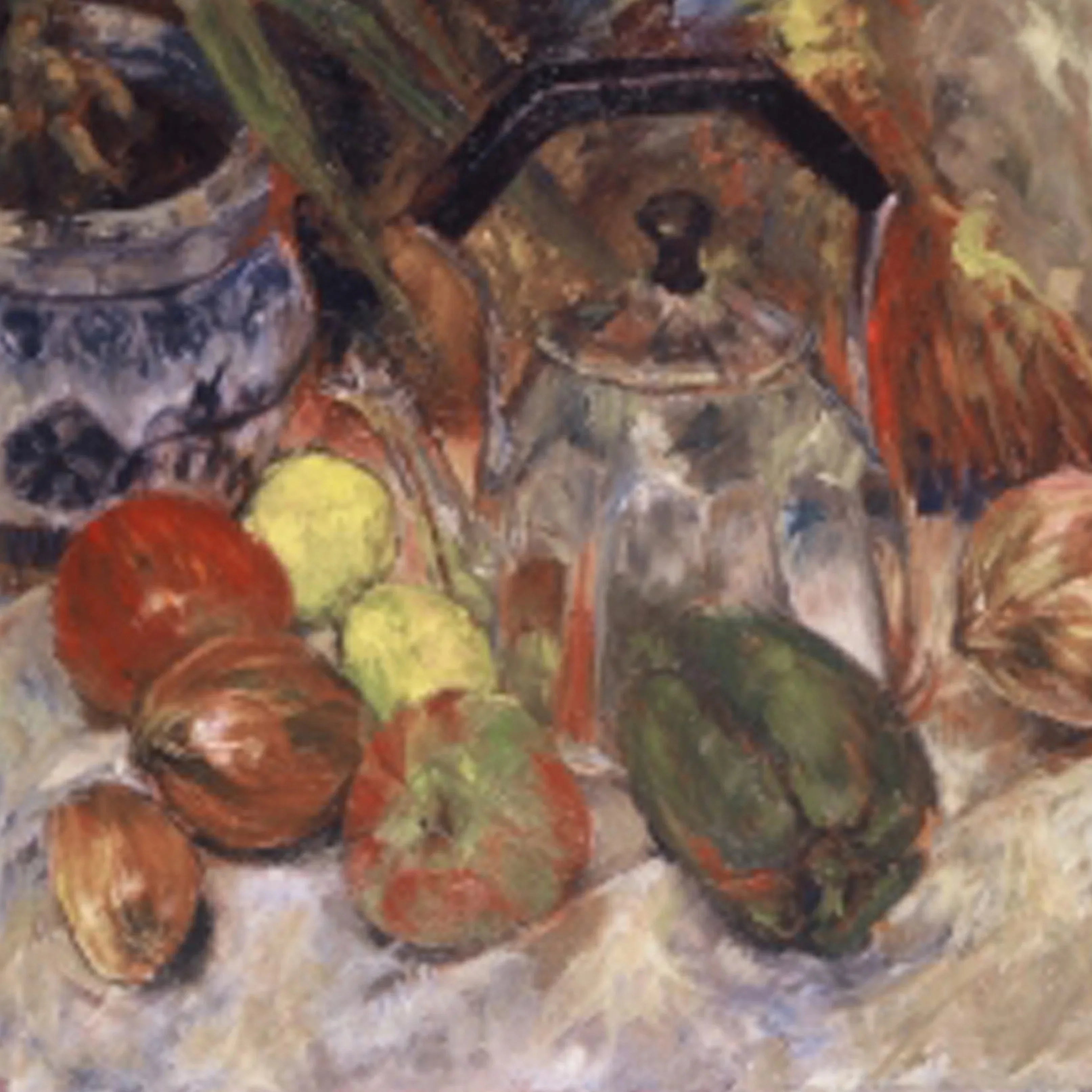 Still life painting of apples, onions, green pepper, glass kettle, and ceramic vase