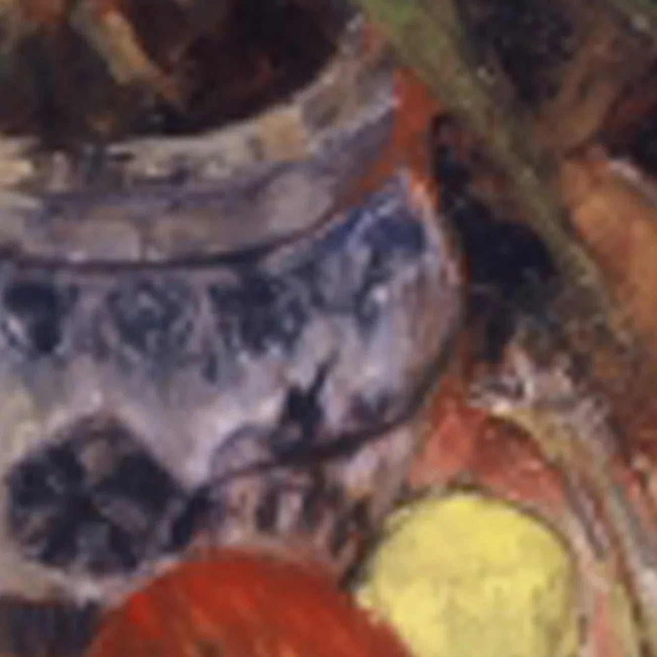 Close-up of a painted ceramic vase with fruit, featuring bold colors and textured brushstrokes